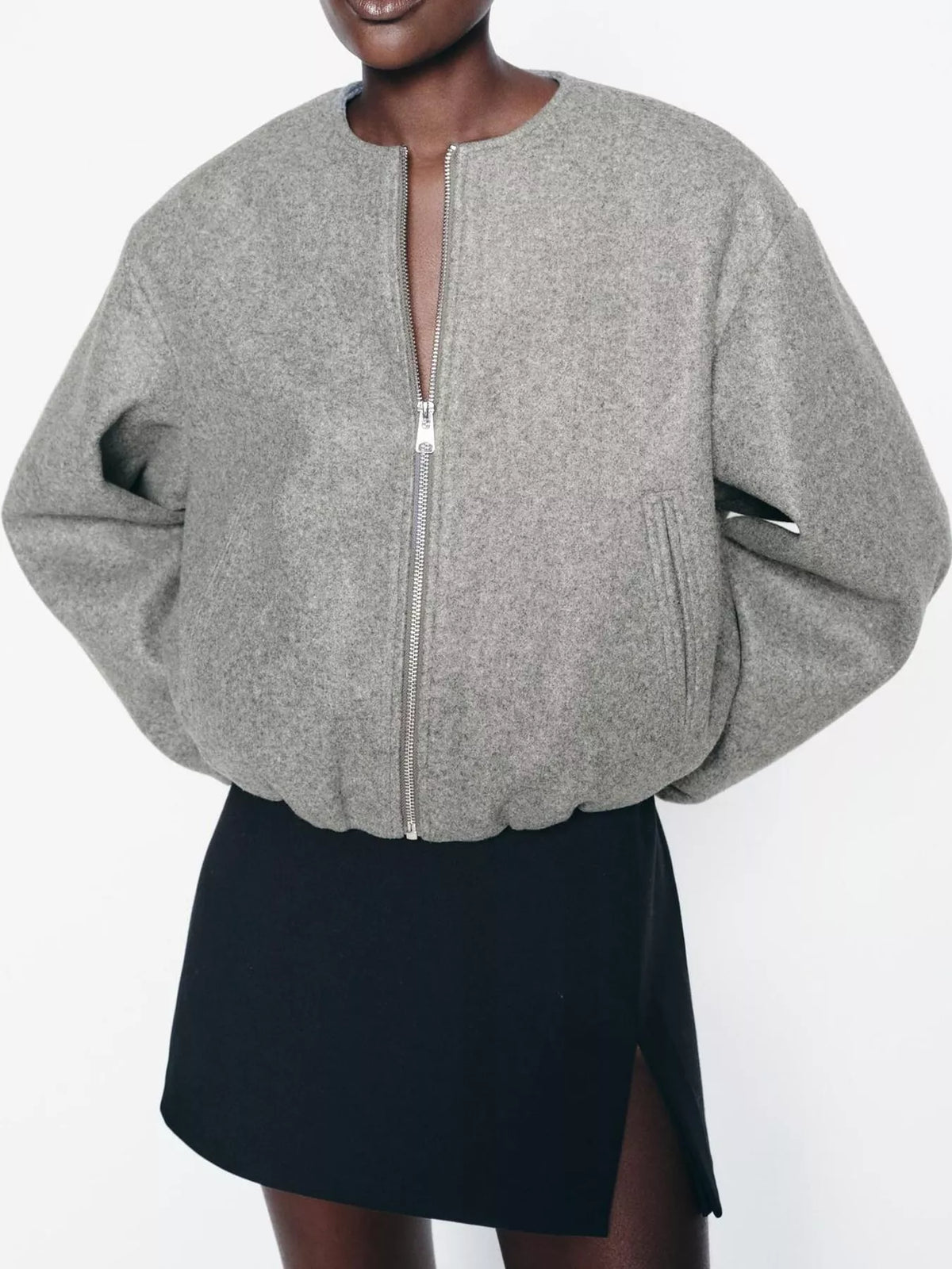 Cropped Round-Neck Zip-Up Jacket — front view