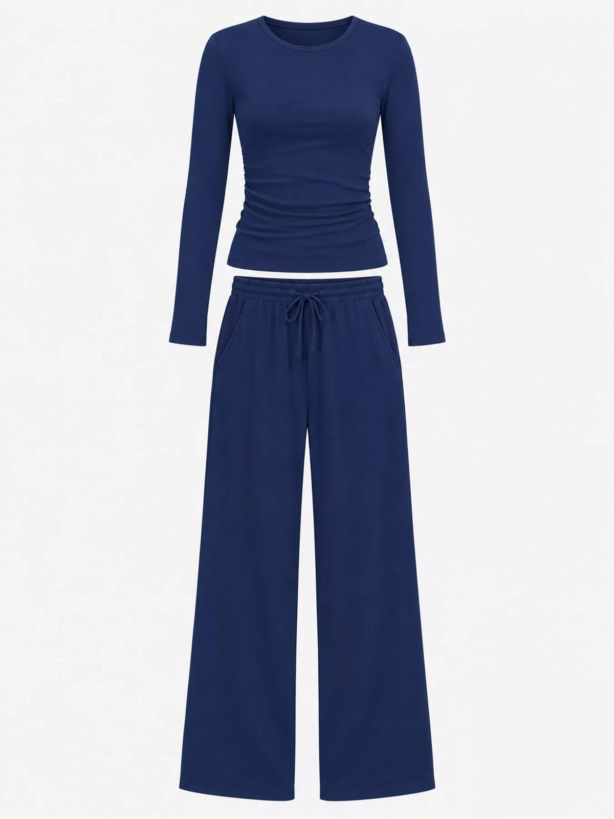 Long Sleeve Ruched Top and Wide-Leg Drawstring Pants Set — garment front