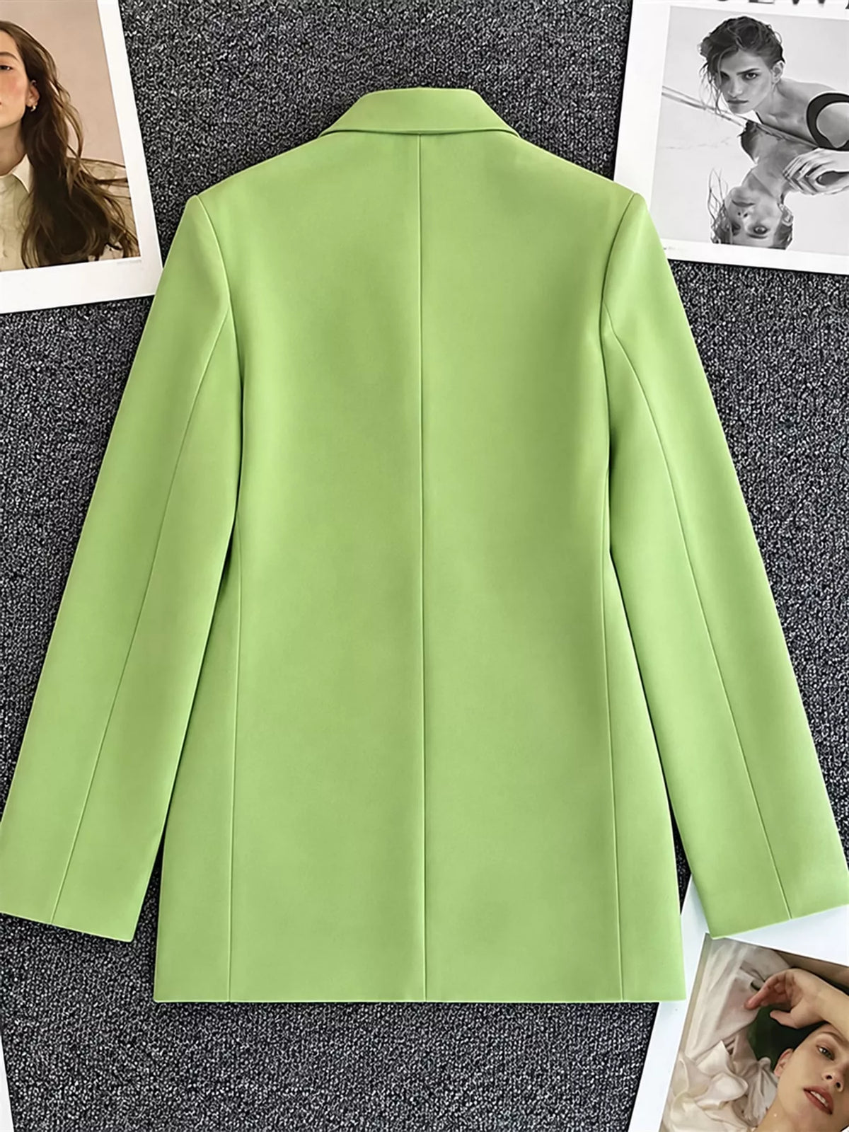 Light green double-breasted lapel collar blazer, back view