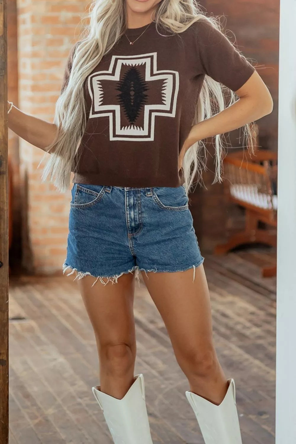 Trendsi Western Graphic Short Sleeve Knit Casual Sweater -