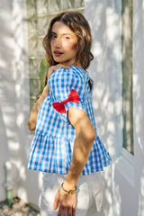 Trendsi SO ME 4th Of July Gingham Ribbon Detail Short Sleeves Blouse - Clothing Tops