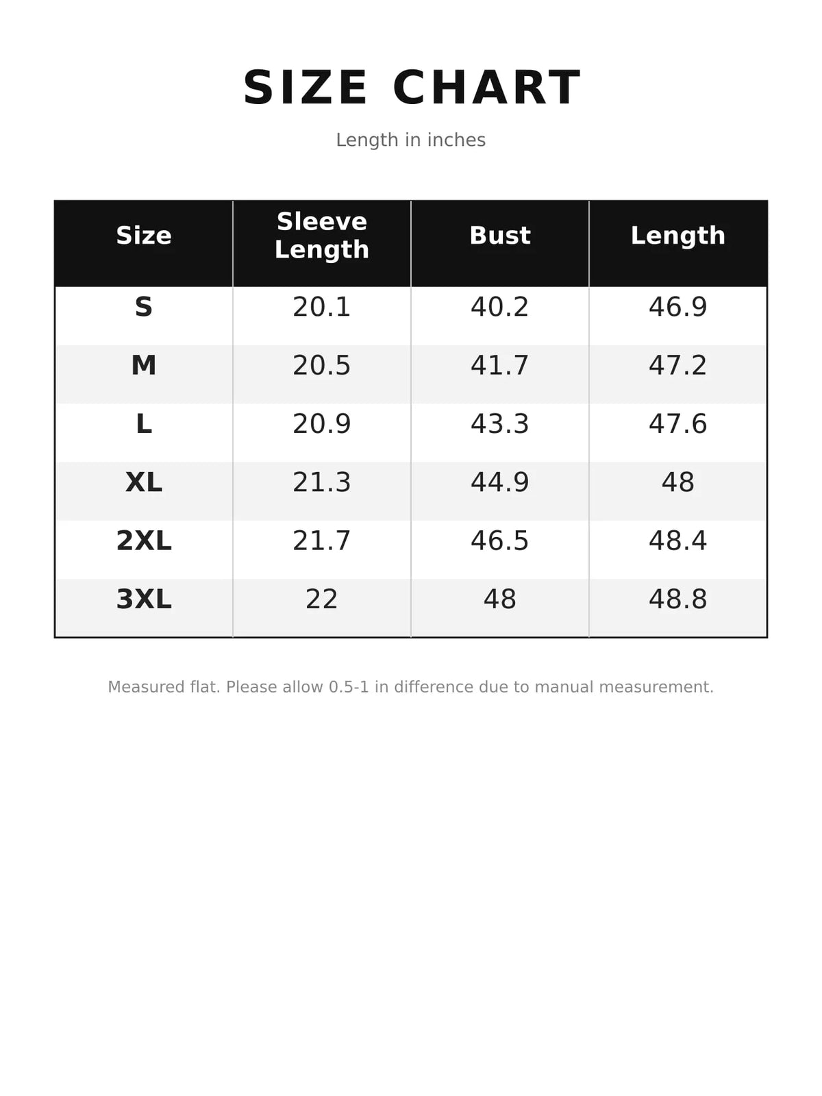 Size chart for lapel collar one button coat