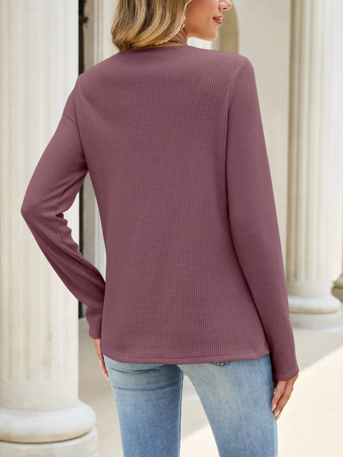 Trendsi Lace Panel Waffle Knit Long Sleeve T-Shirt -