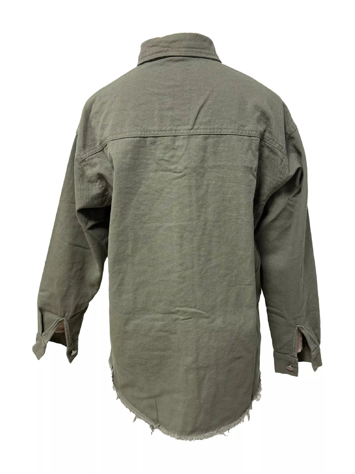 Green raw hem button-up denim jacket — back view