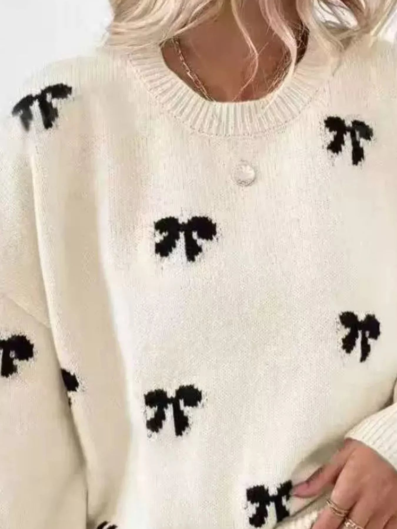 Trendsi Bow Round Neck Dropped Shoulder Sweater -