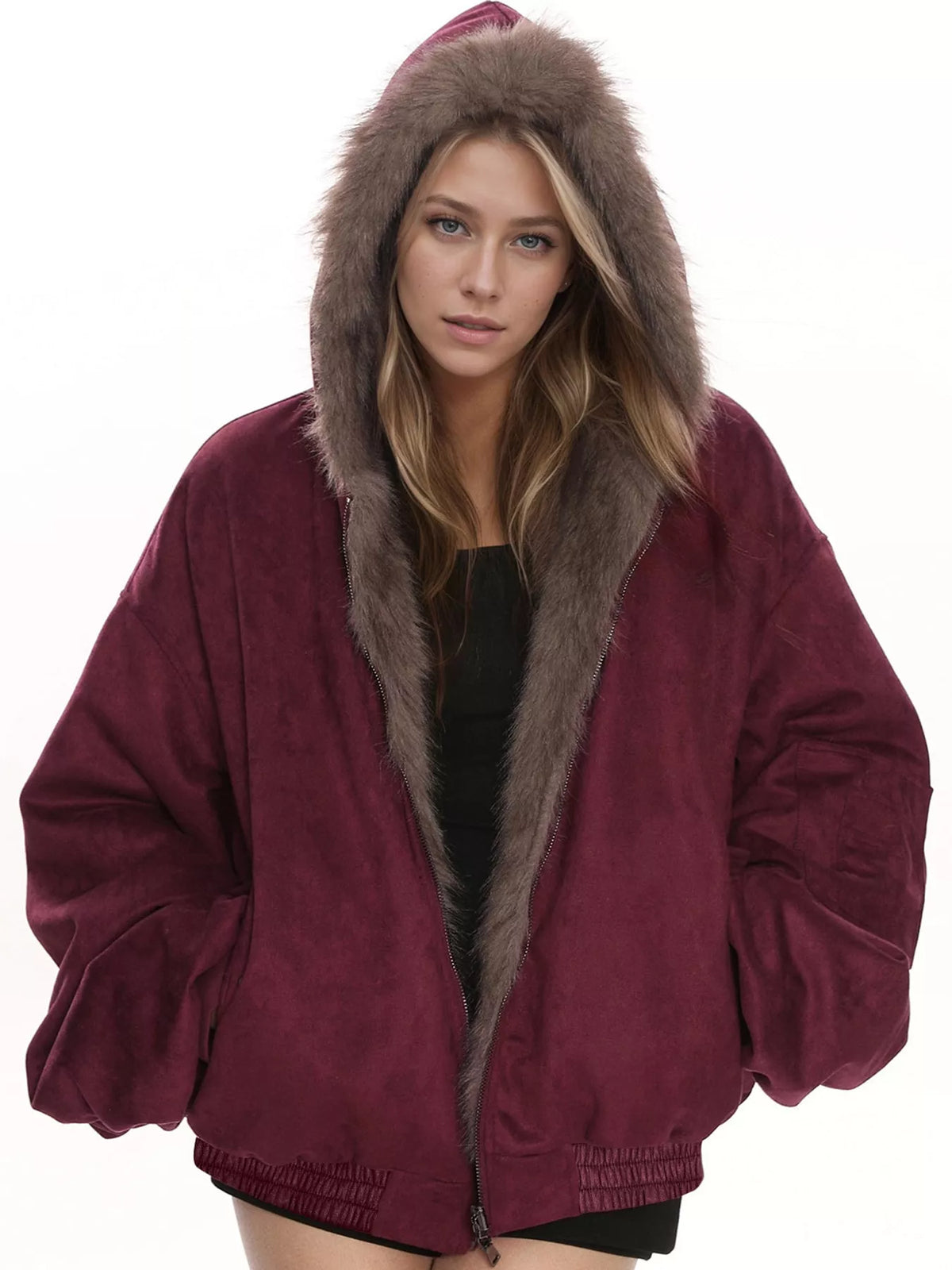 Burgundy faux fur trimmed faux suede bomber jacket