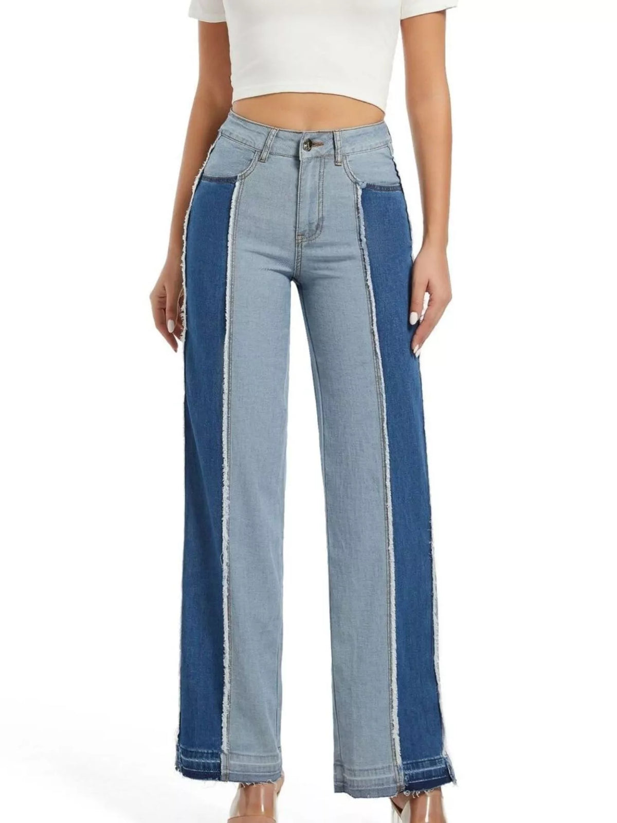 High-Waisted Two Tone Jeans in blue, front view