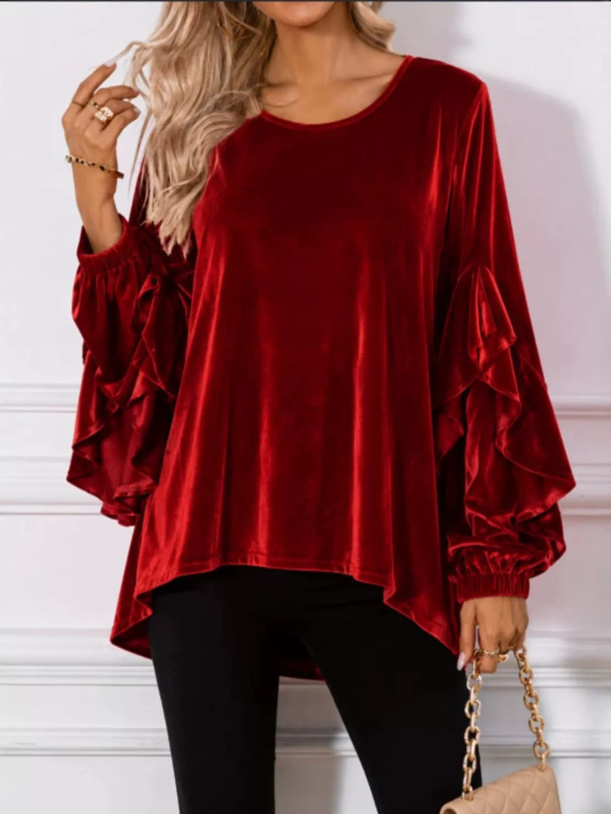 Women's Velvet Round Neck Ruffle Sleeve Top in Navy, front view