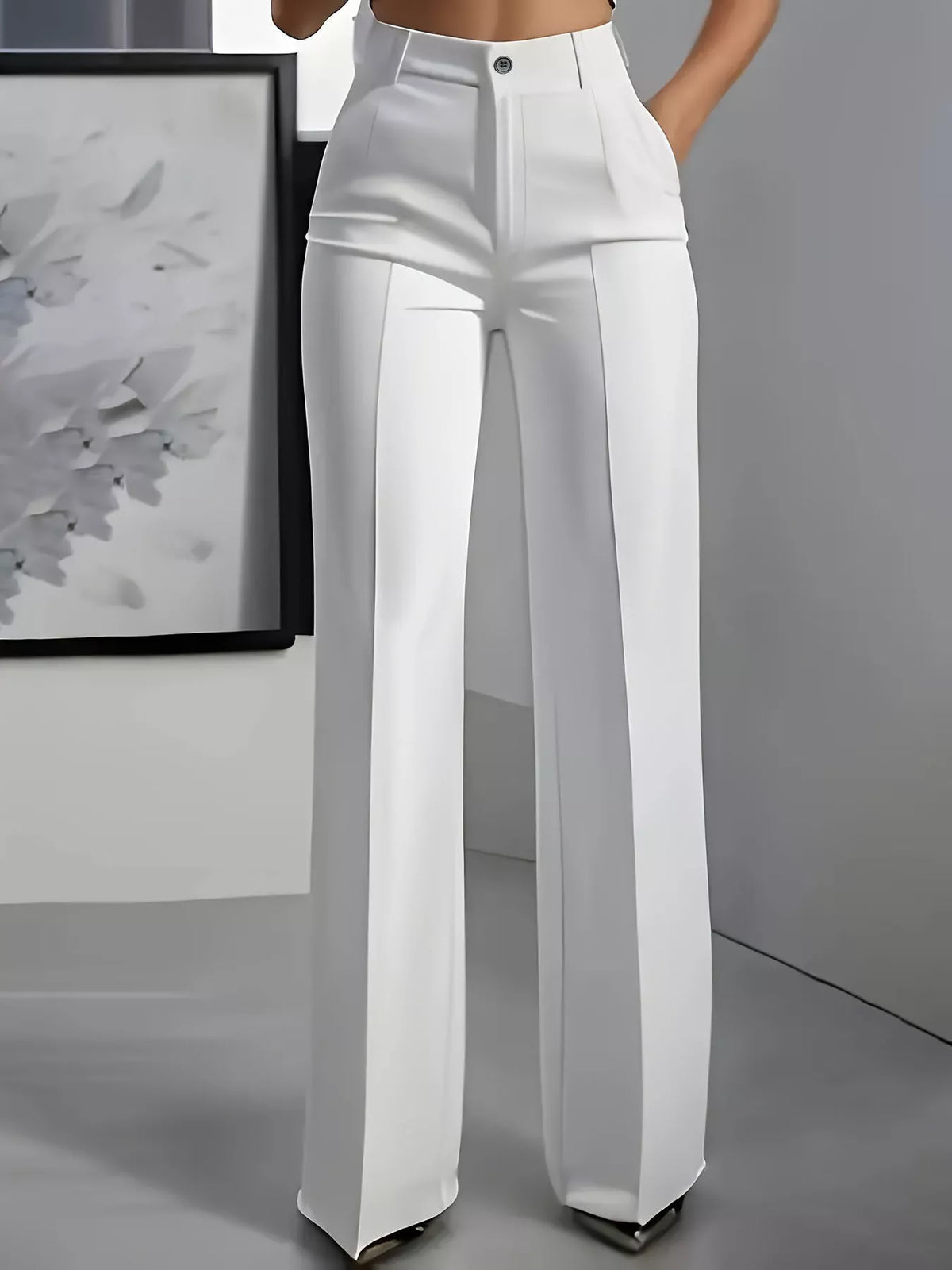 White high-waisted wide-leg pants, front view