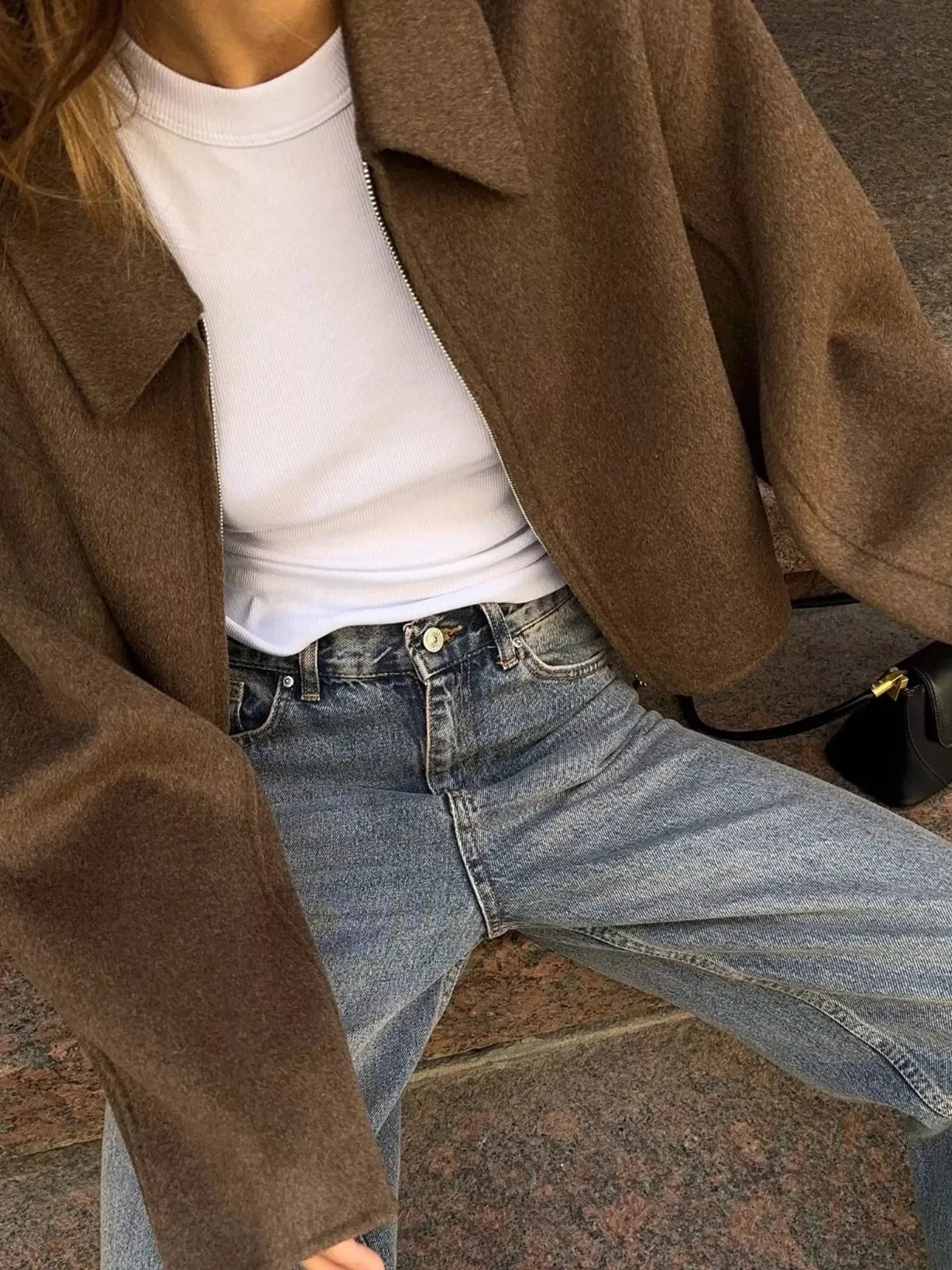 Cropped zip jacket, brown collar front