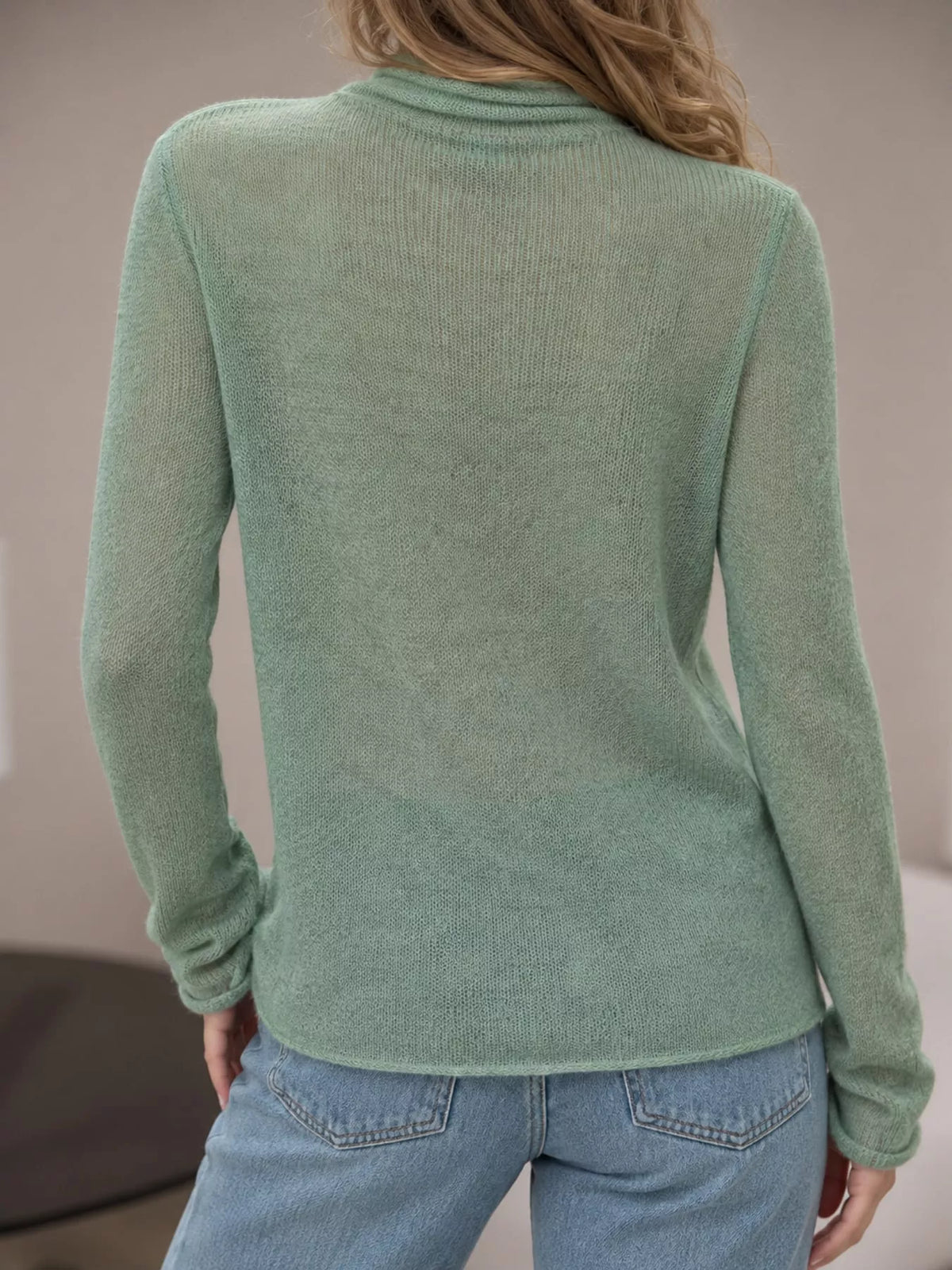 Women's Sheer Turtleneck Knit Top in sage — back view