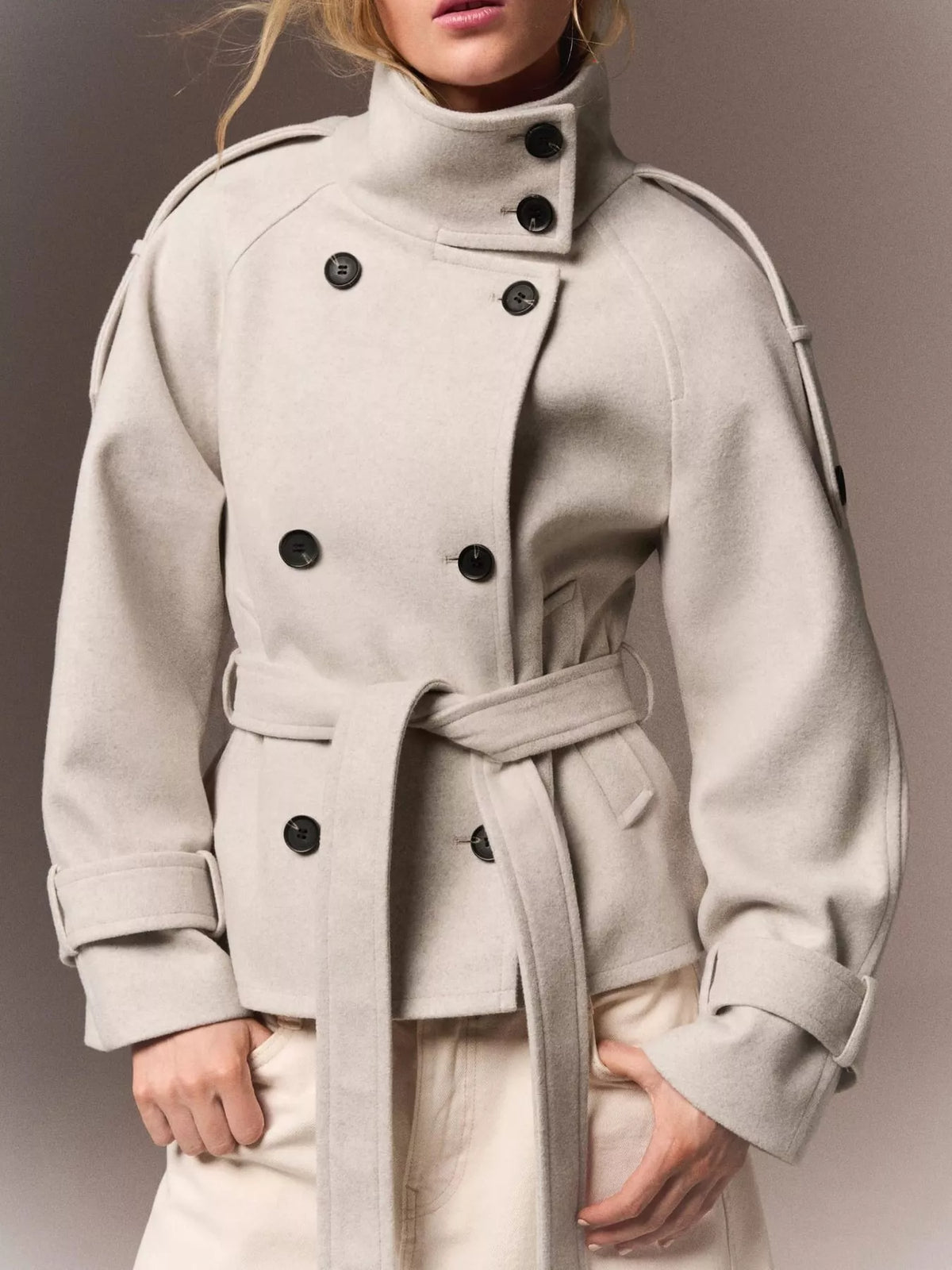 Double-Breasted Belted Coat in ivory, front view