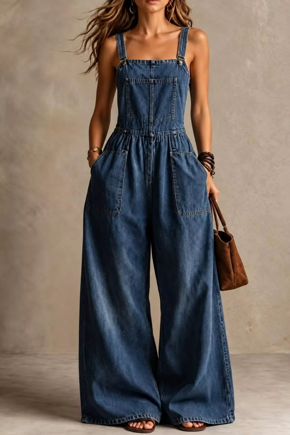 Vintage Wash Wide-Leg Denim Overalls with Pockets — front view