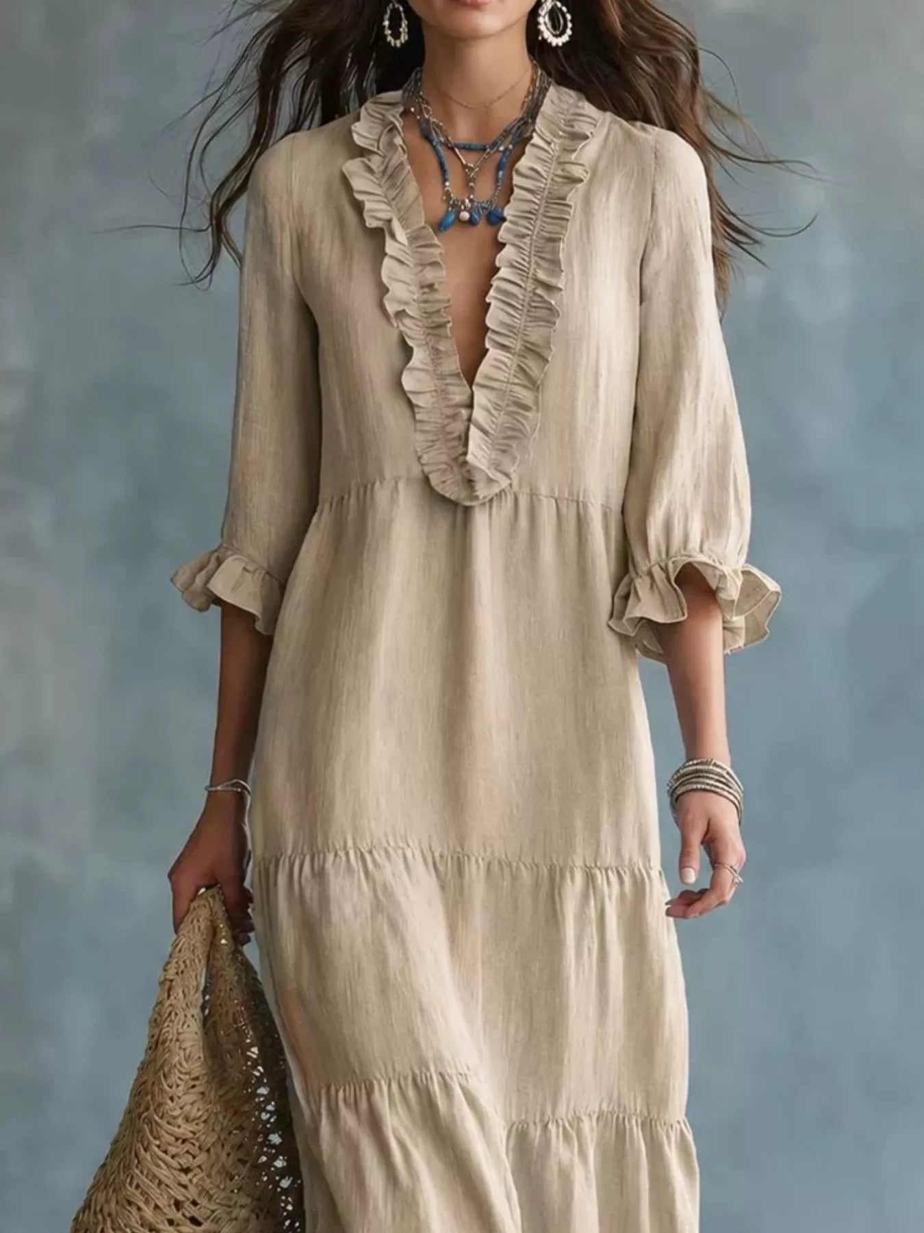 Trendsi Ruffled V-Neck Tiered Maxi Dress -