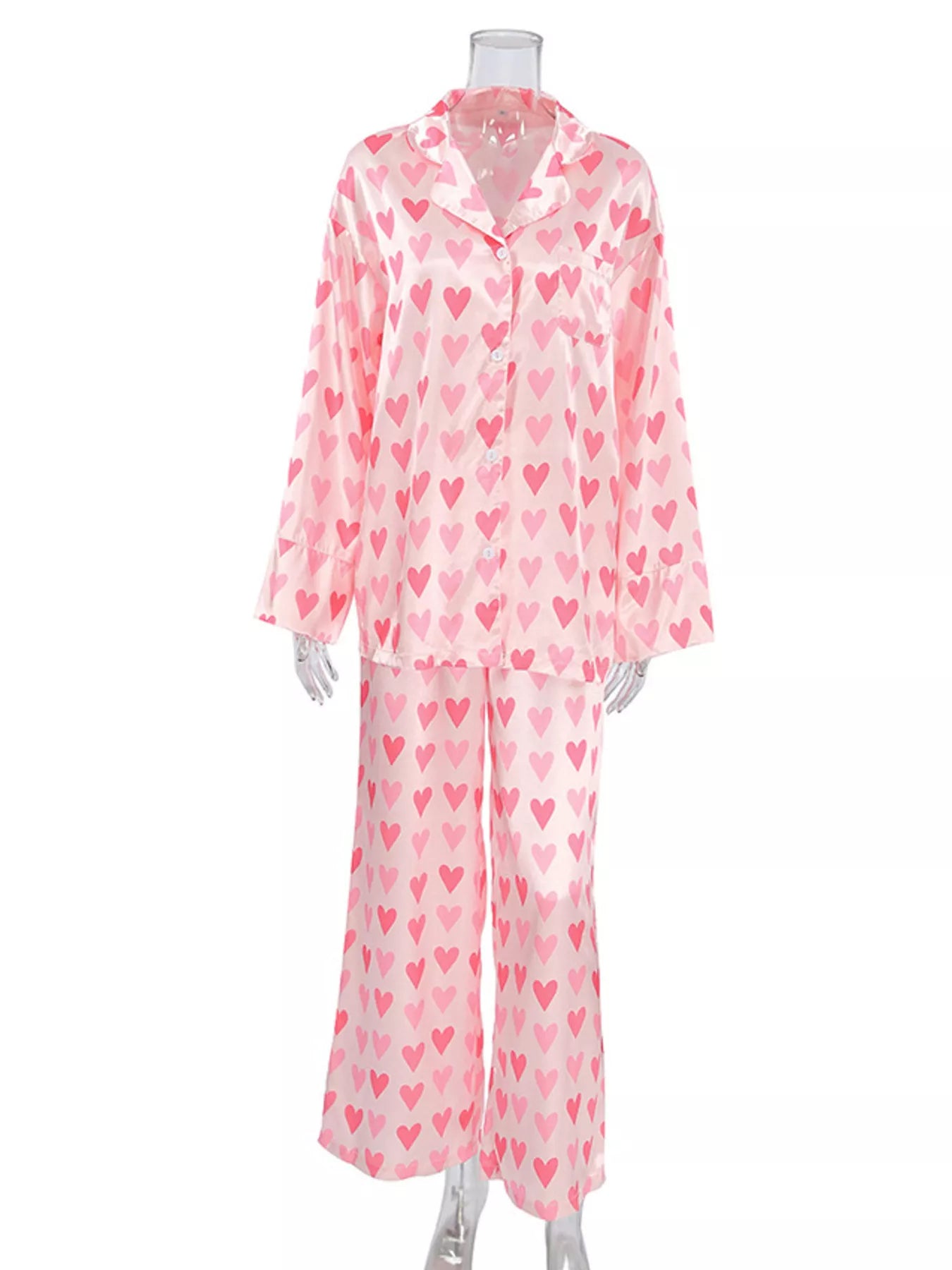 Trendsi Heart Print Button Up Top and Pants Lounge Set -