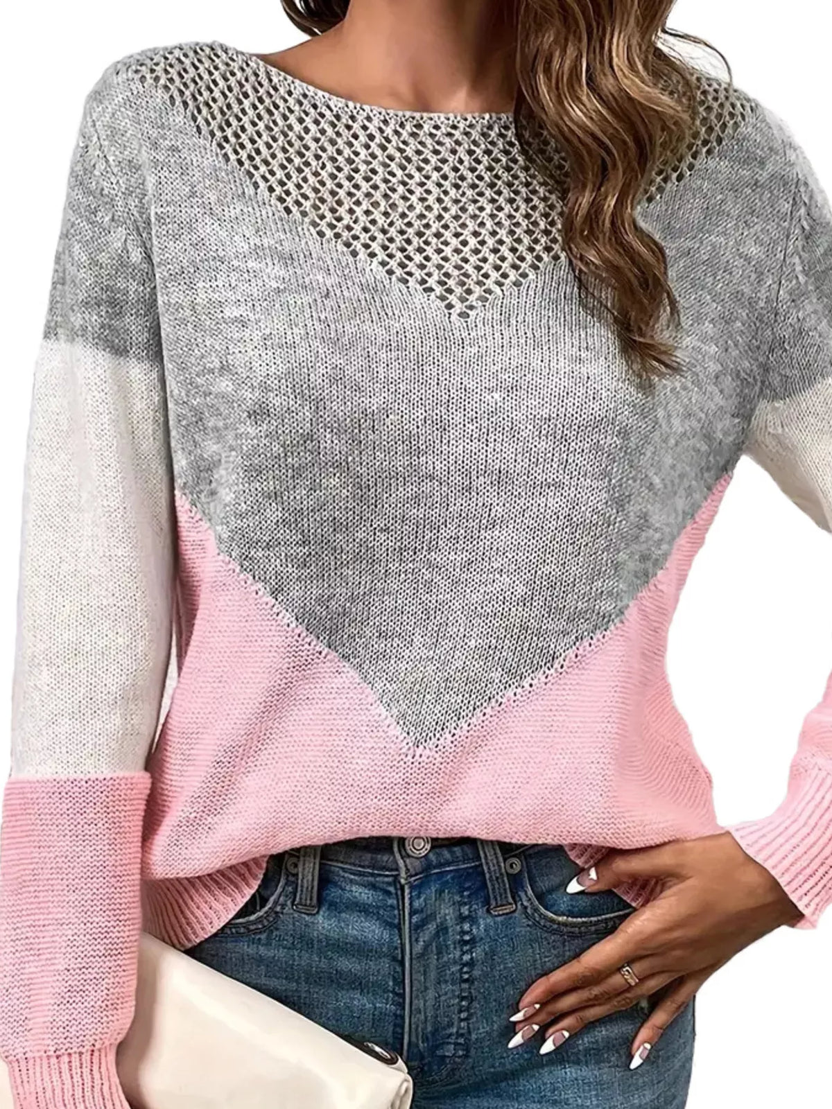 Women's Openwork Color Block Long Sleeve Sweater in Pink, front view
