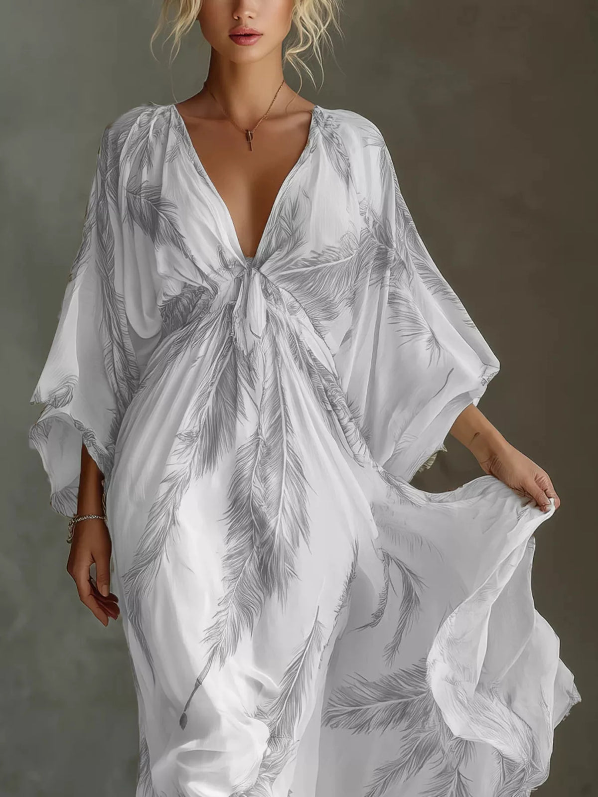 Feather-print V-neck flowy maxi dress