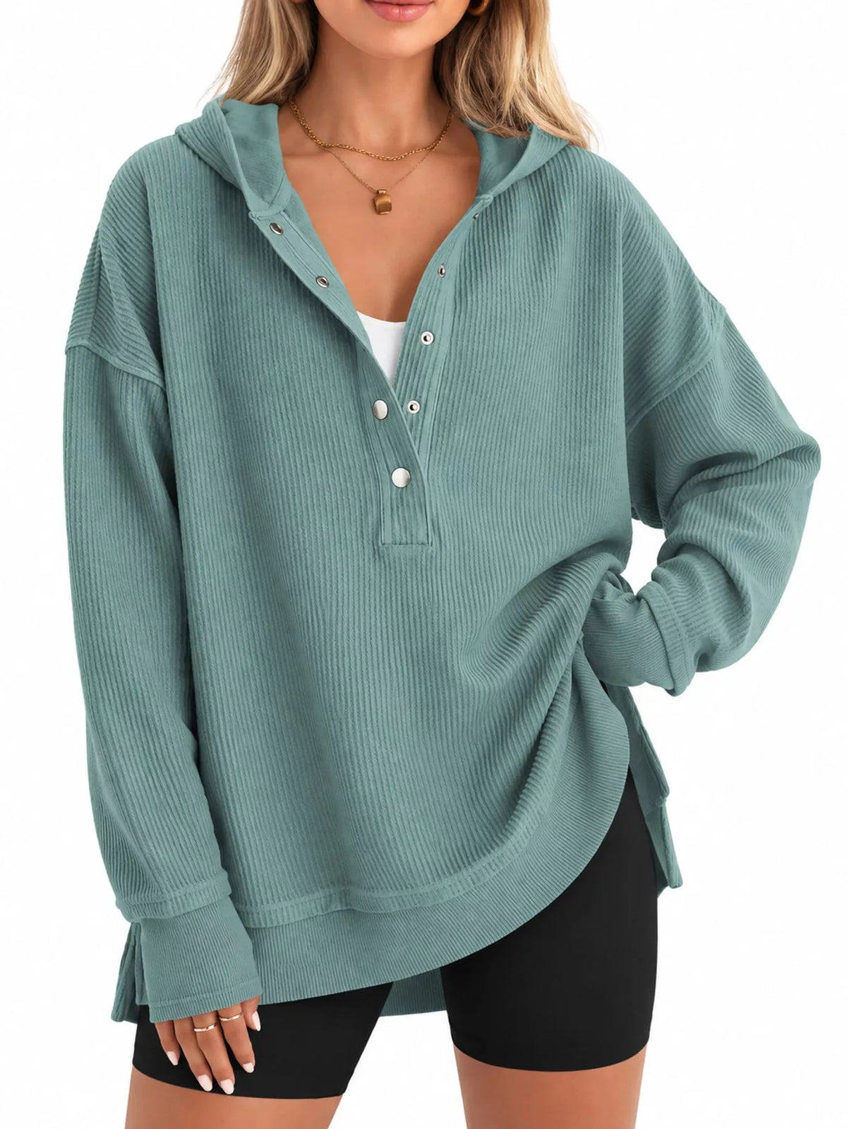 Women's Snap Button Placket Dropped Shoulder Hoodie in teal — front view