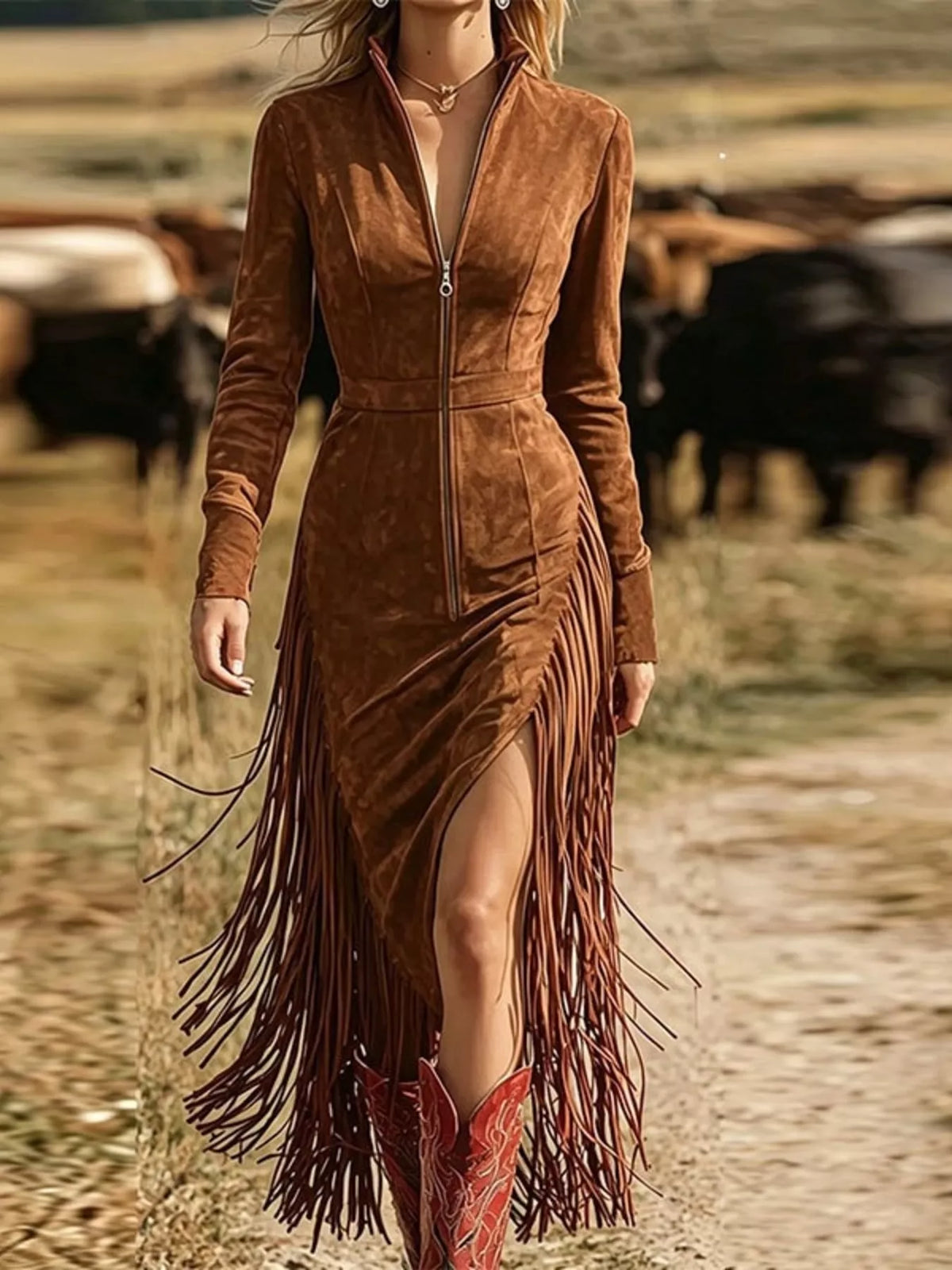 Trendsi Fringe Zip-Front Midi Dress -