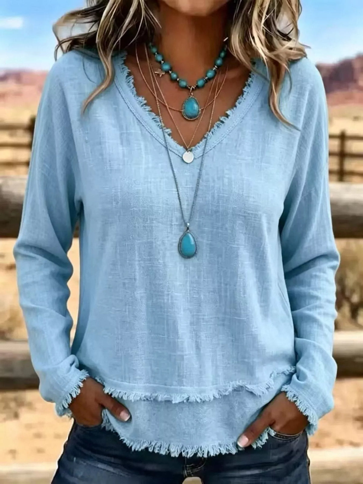 Trendsi V-Neck Frayed Hem Long Sleeve T-Shirt -