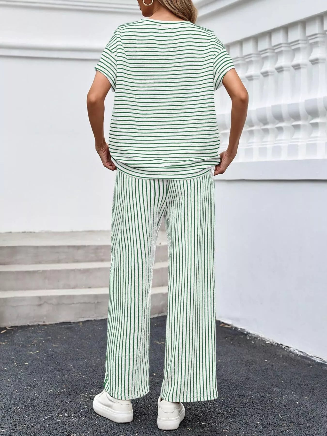 Trendsi Casual Striped Short Sleeve Top and Wide Leg Pants Two-Piece Set -