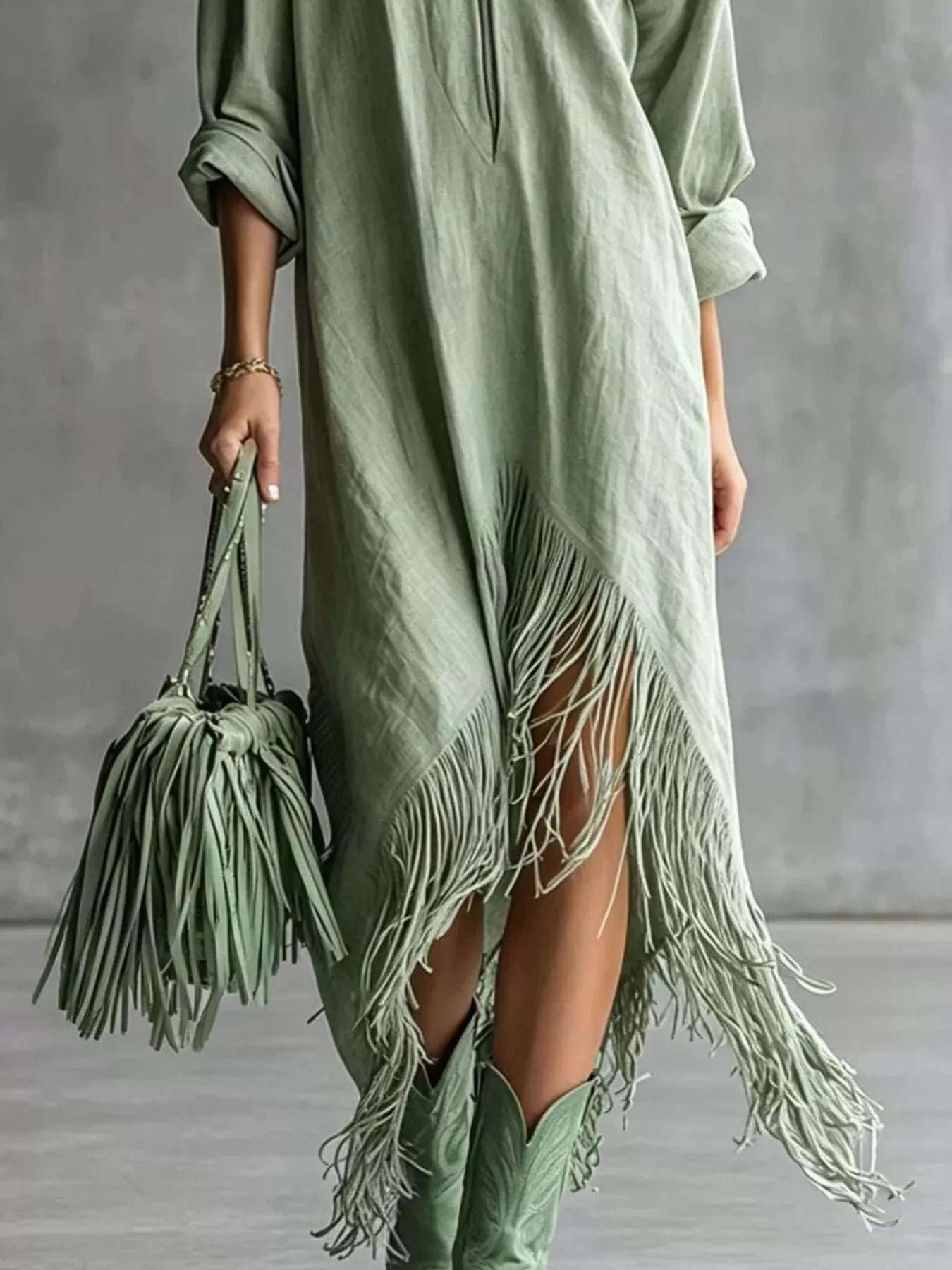 Trendsi Fringe Hem Zip-Up Shirt Dress -