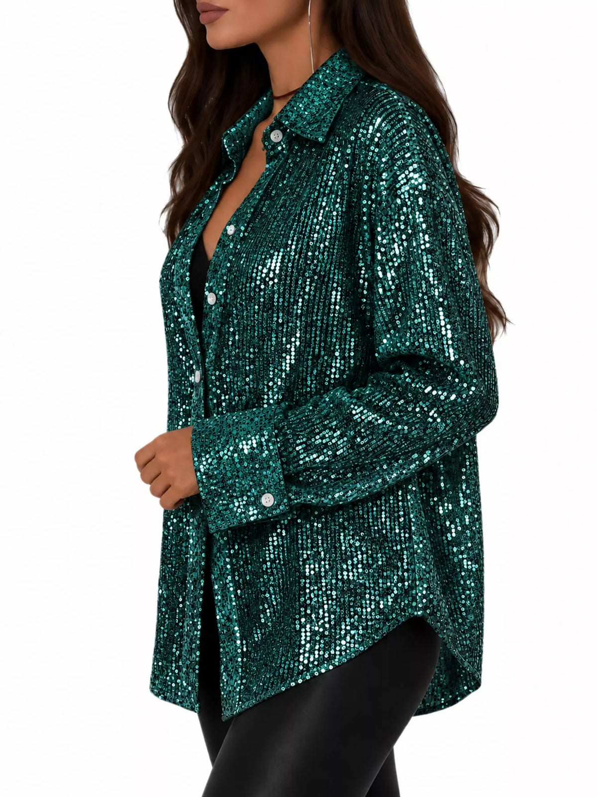 Dark Green sequin button up long sleeve shirt
