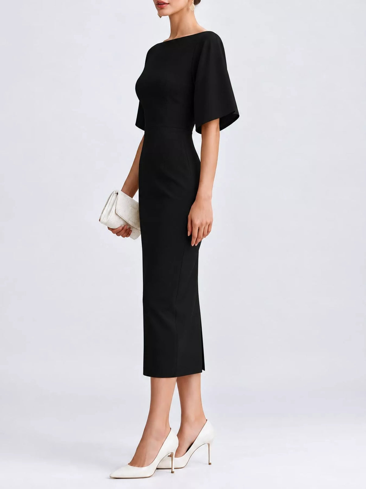 Boat neck short sleeve midi dress, side view