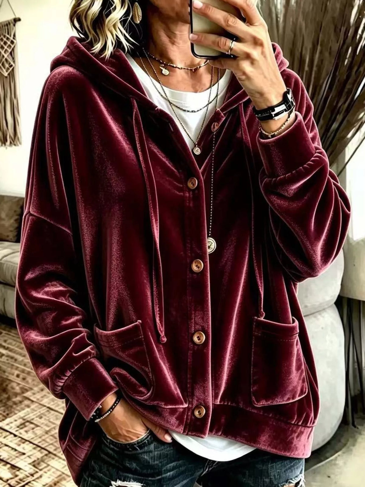 Burgundy velvet dropped shoulder hoodie, front view