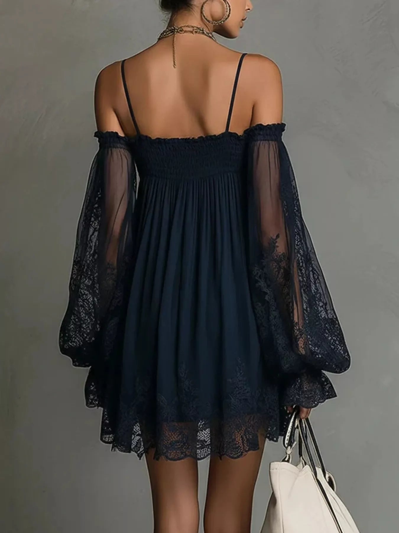 Trendsi Spaghetti Strap Lace Flounce Sleeve Mini Dress -