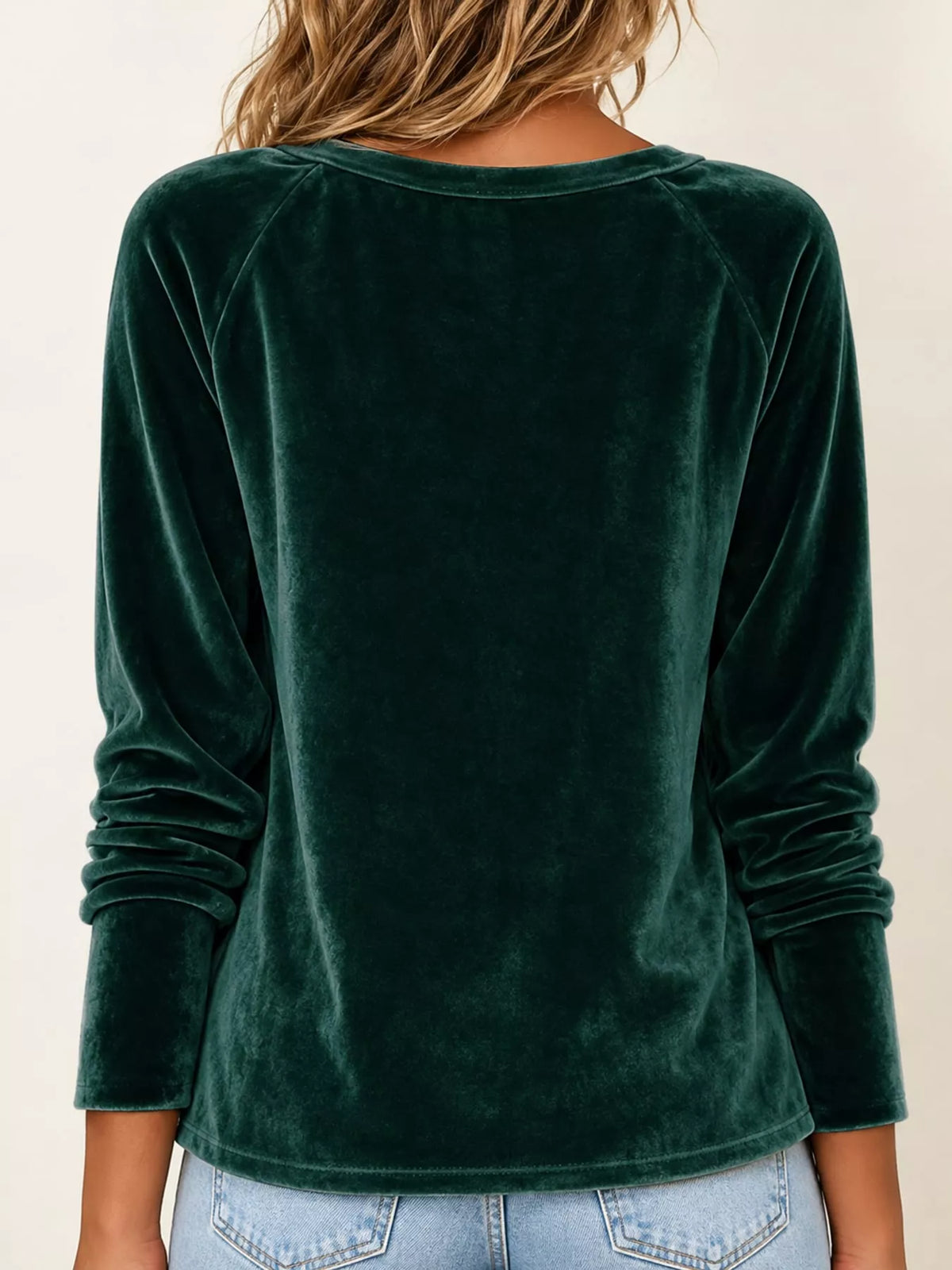 Green velvet cowl neck long sleeve t shirt, back view