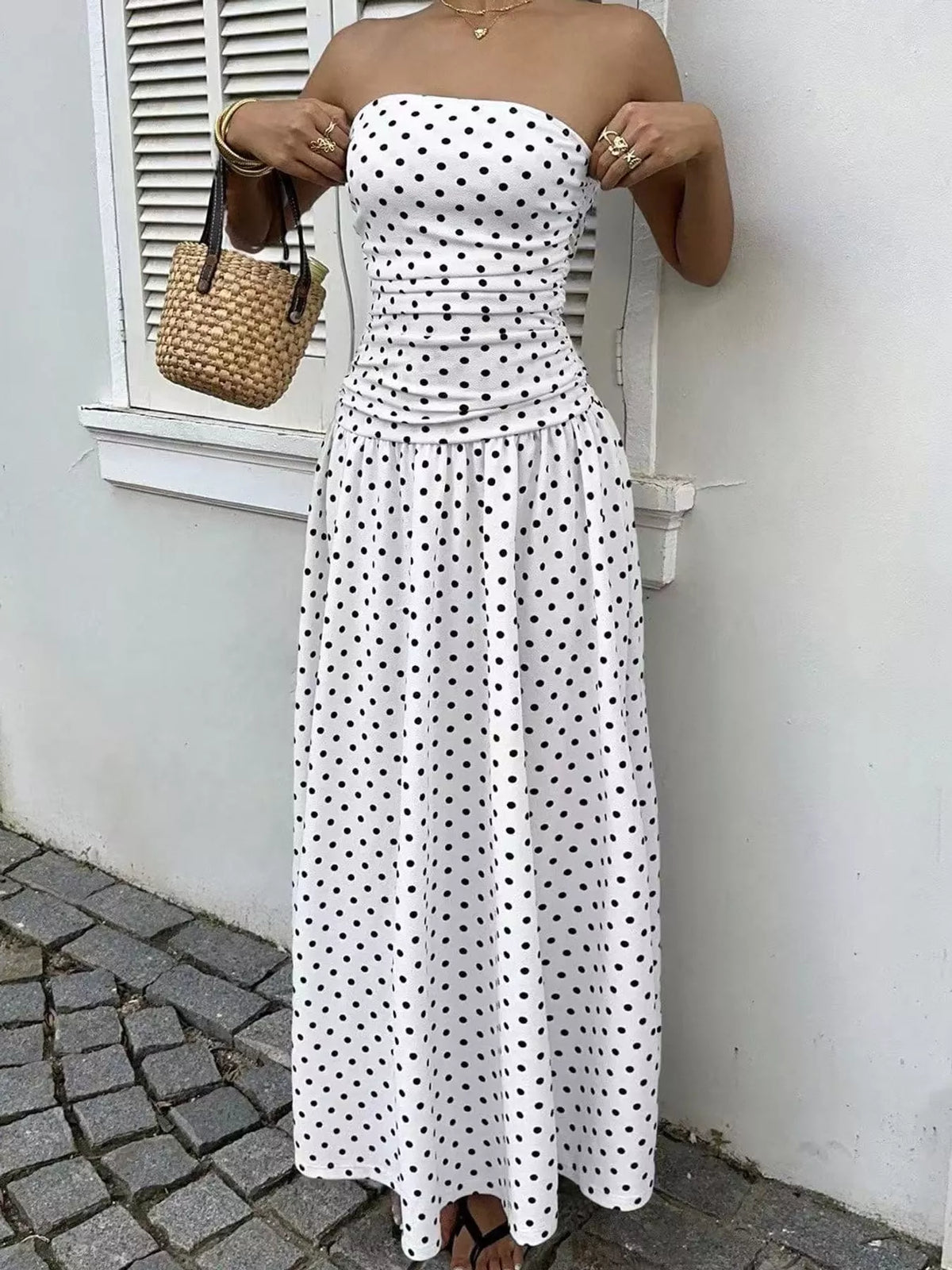 Women's Strapless Polka Dot Ruched Maxi Dress in white dots — front view