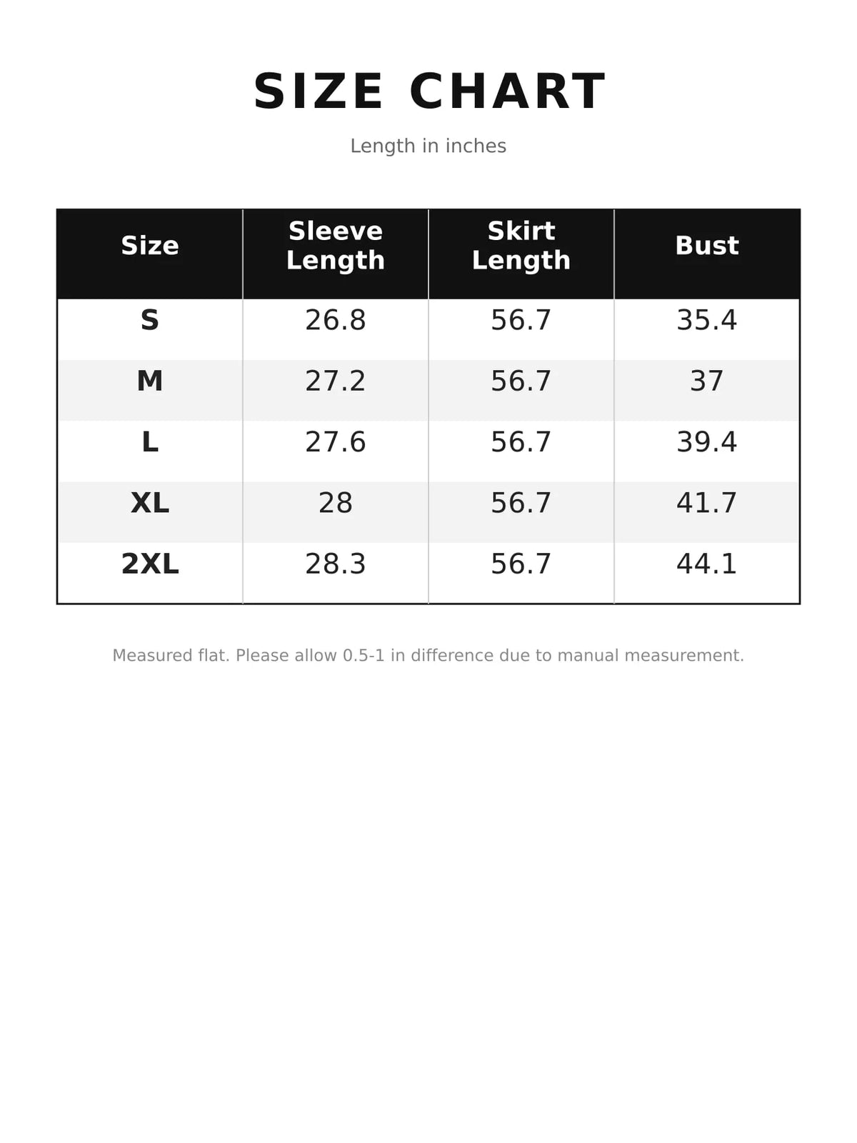 V-neck long sleeve maxi dress, size and measurement chart
