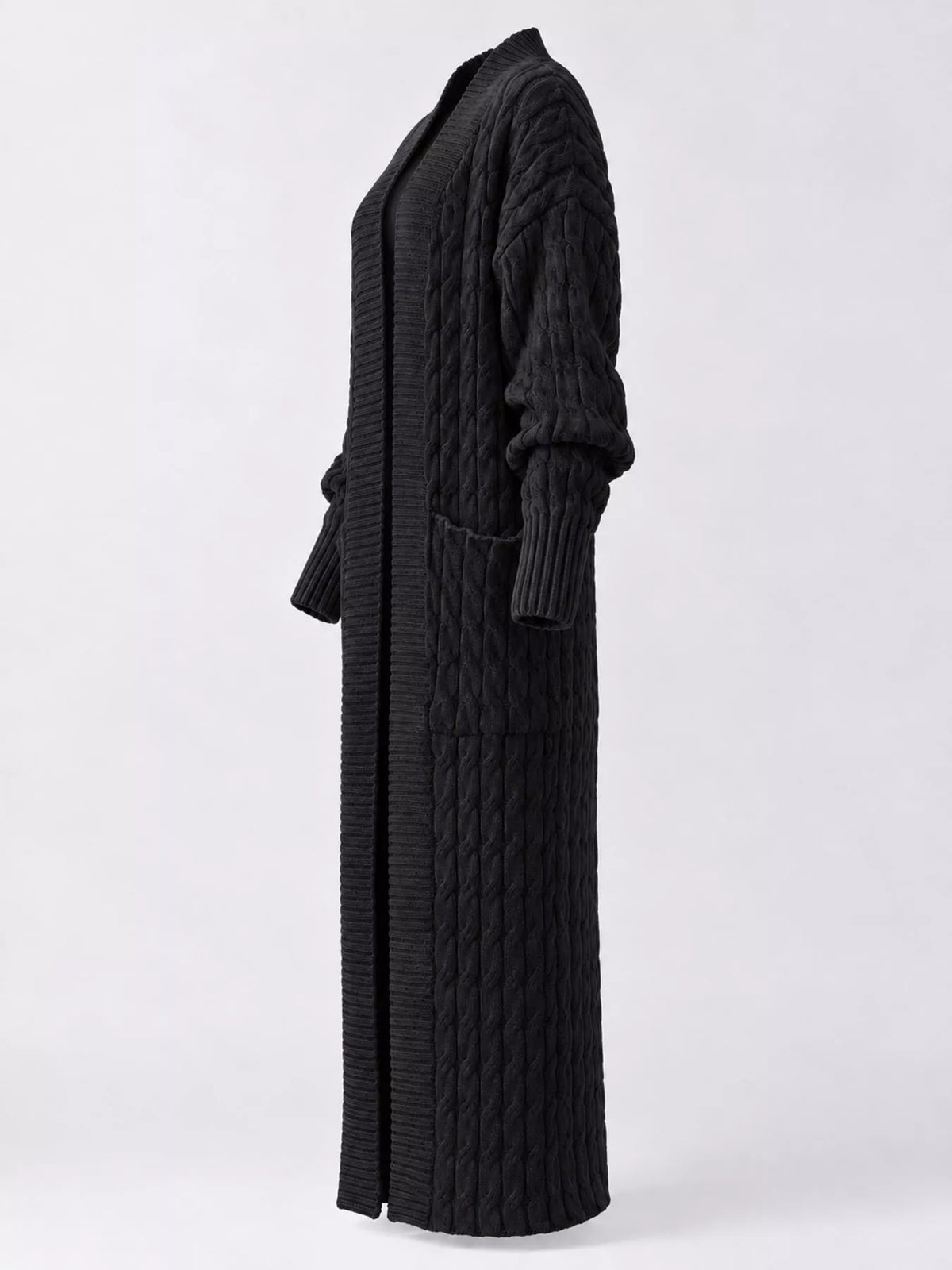Black cable-knit longline open-front cardigan