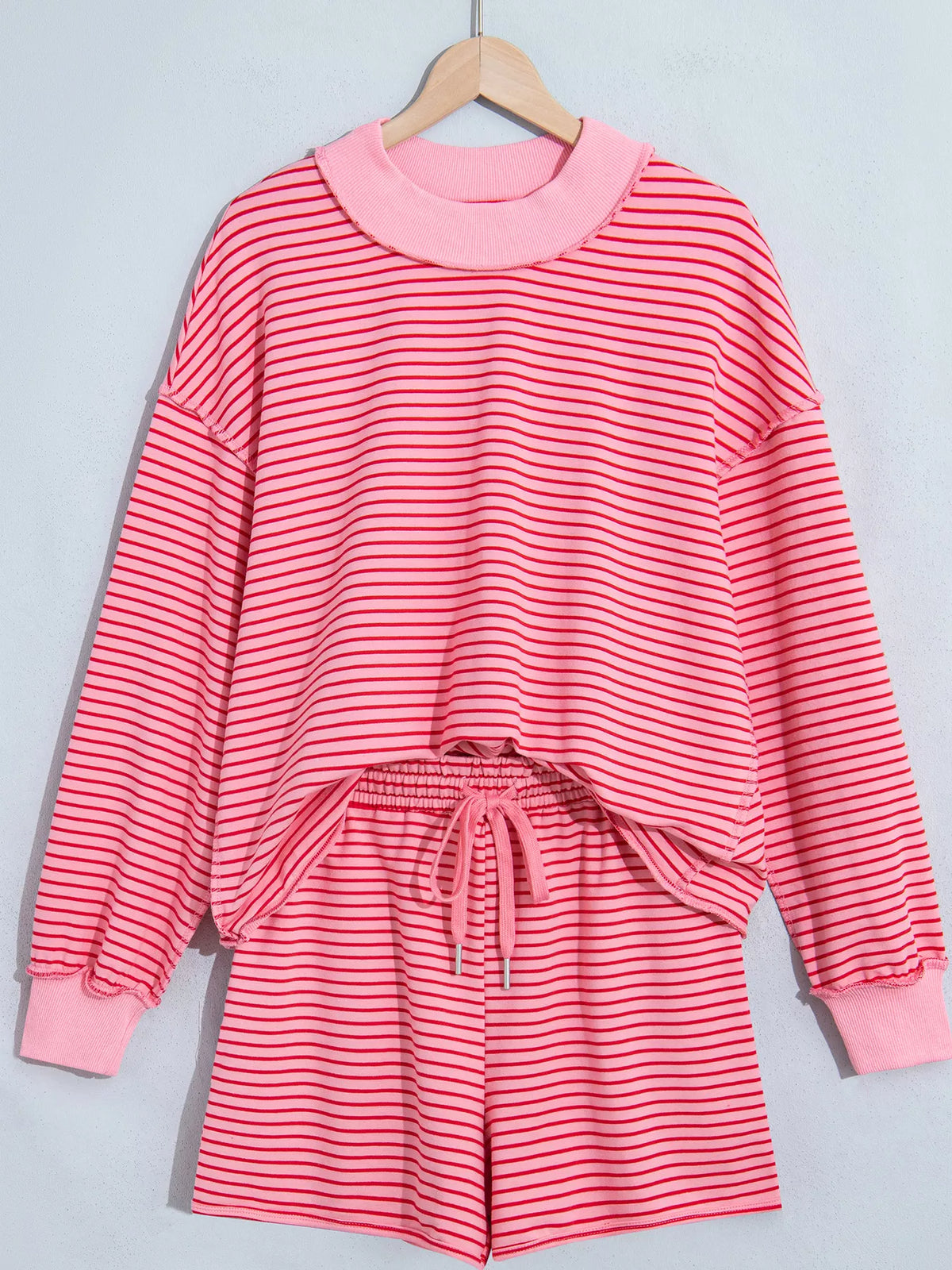 Trendsi Stripe Ribbed Patchwork Mock Neck Baggy Pullover Matching Shorts Set -