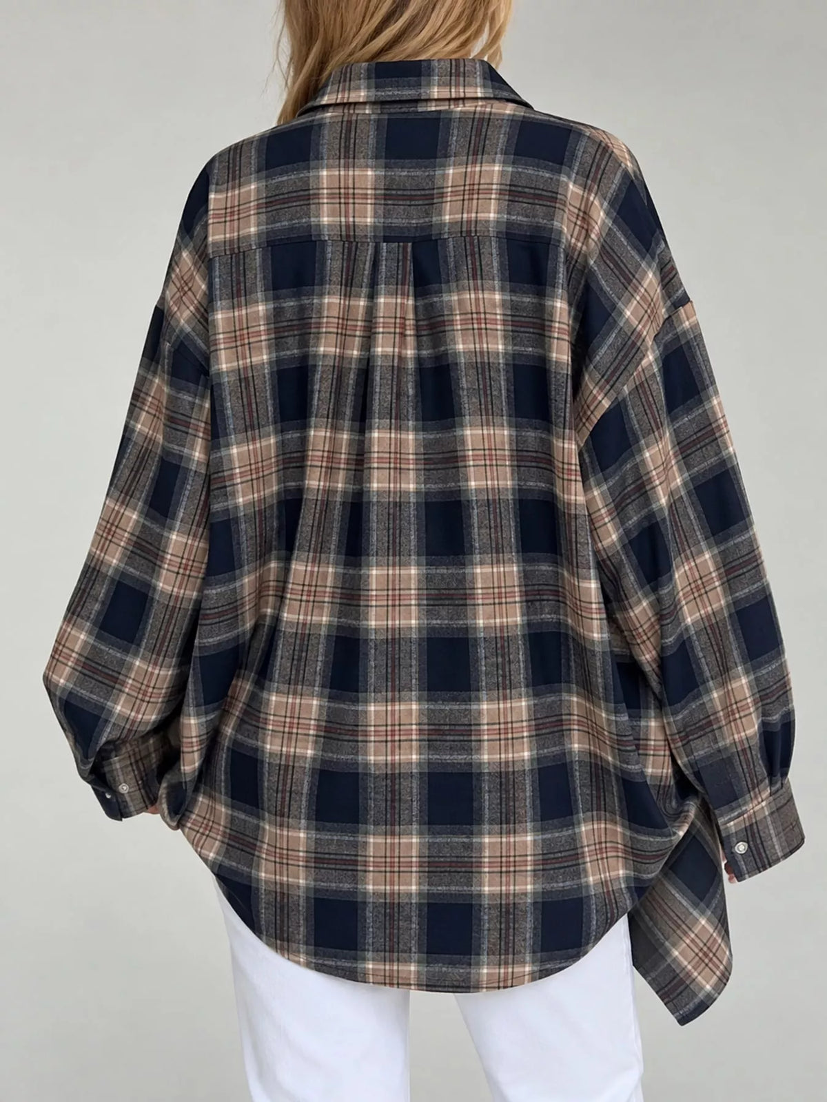 Beige and navy plaid button-up shirt with chest pockets, back view