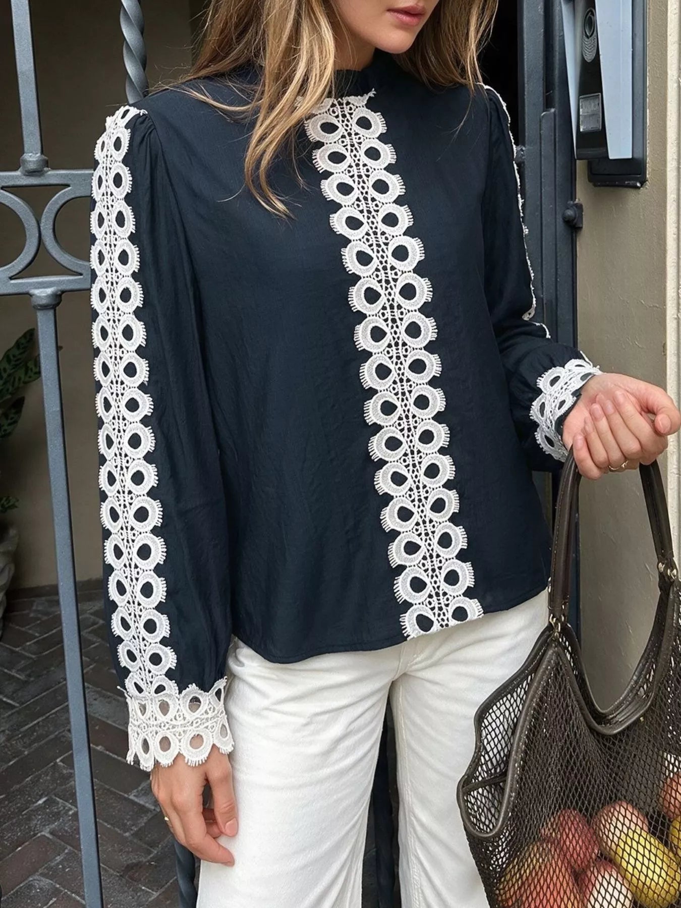 Trendsi Lace Trim Long Sleeves Blouse -