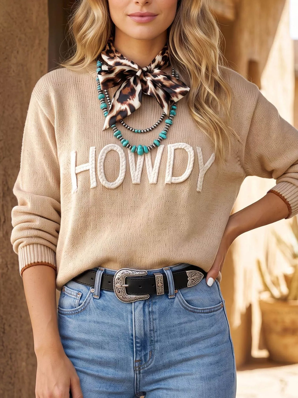 Trendsi Parchment Corder HOWDY Letter Graphic Crew Neck Relaxed Sweater -