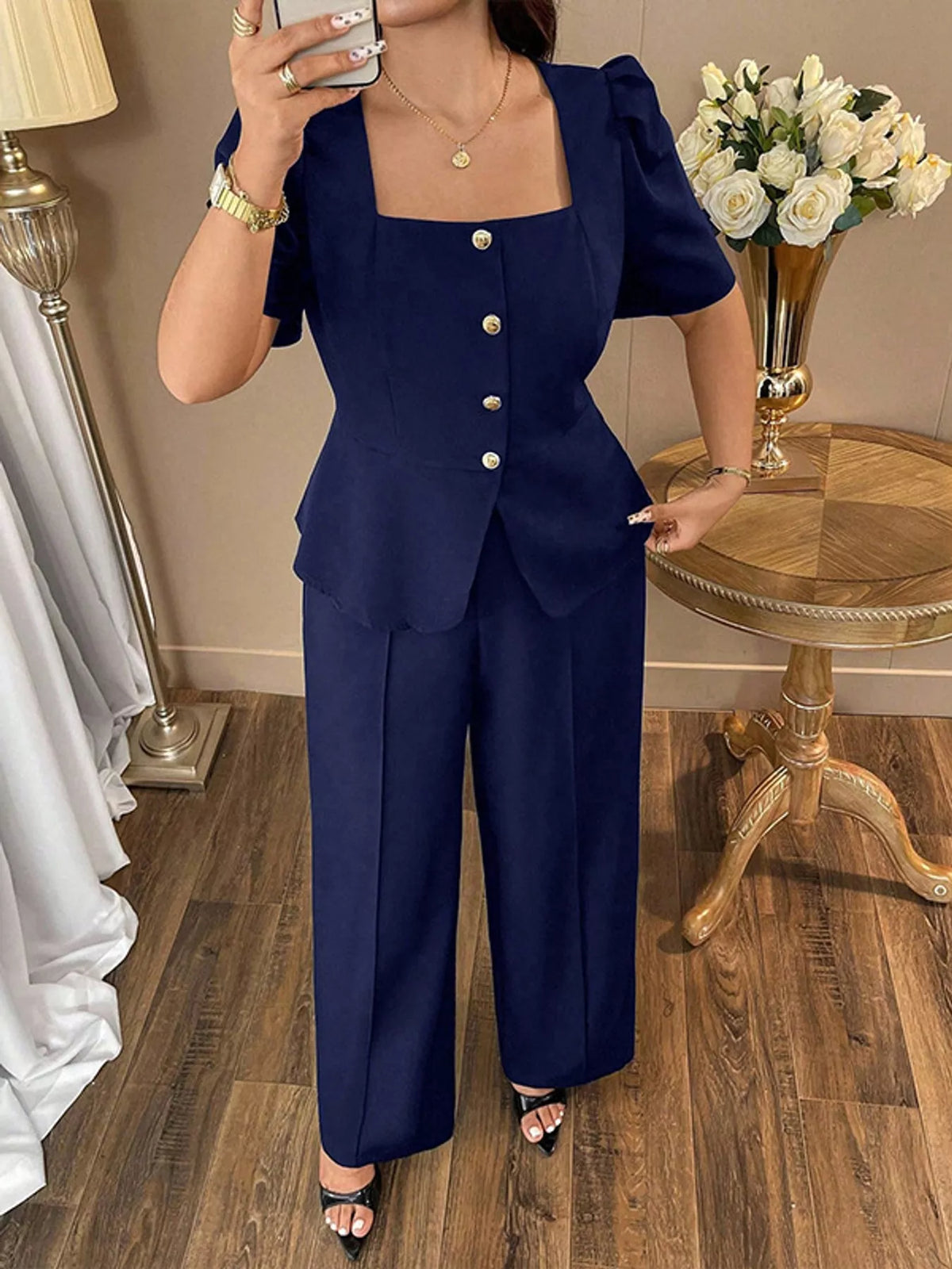 Peplum top and pants set, navy front