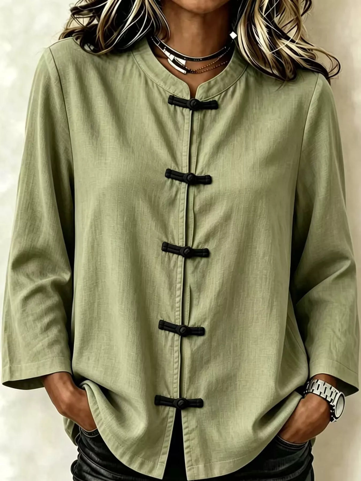 Chinese Style Mandarin Collar Blouse in light green, front view