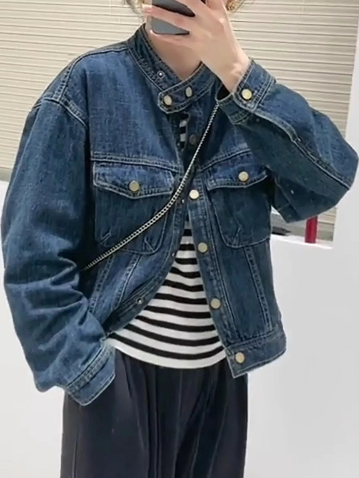 Mandarin neck long sleeve jacket, front view on model