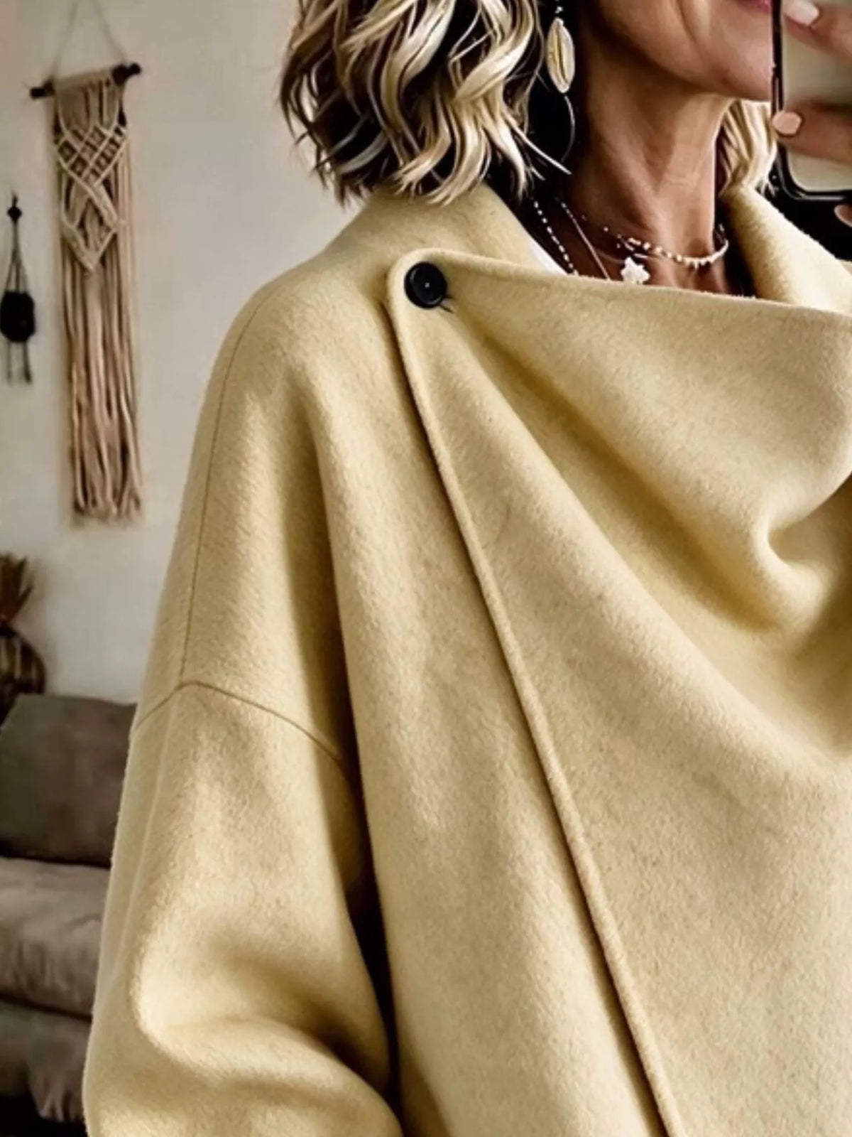 Yellow asymmetric cowl neck cape-style jacket, cowl neckline and shoulder button