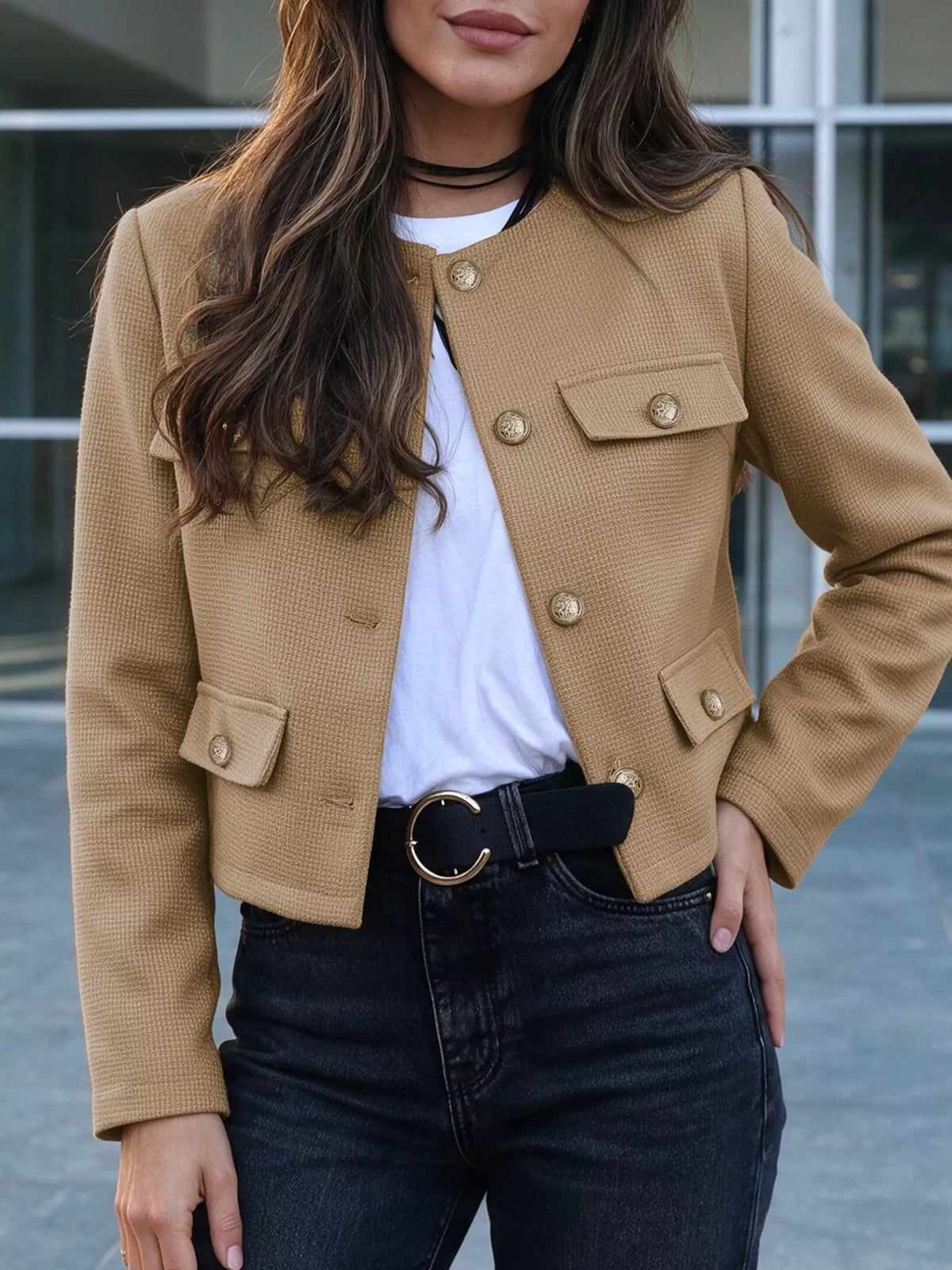 Tan textured cropped jacket with gold-tone buttons, front view