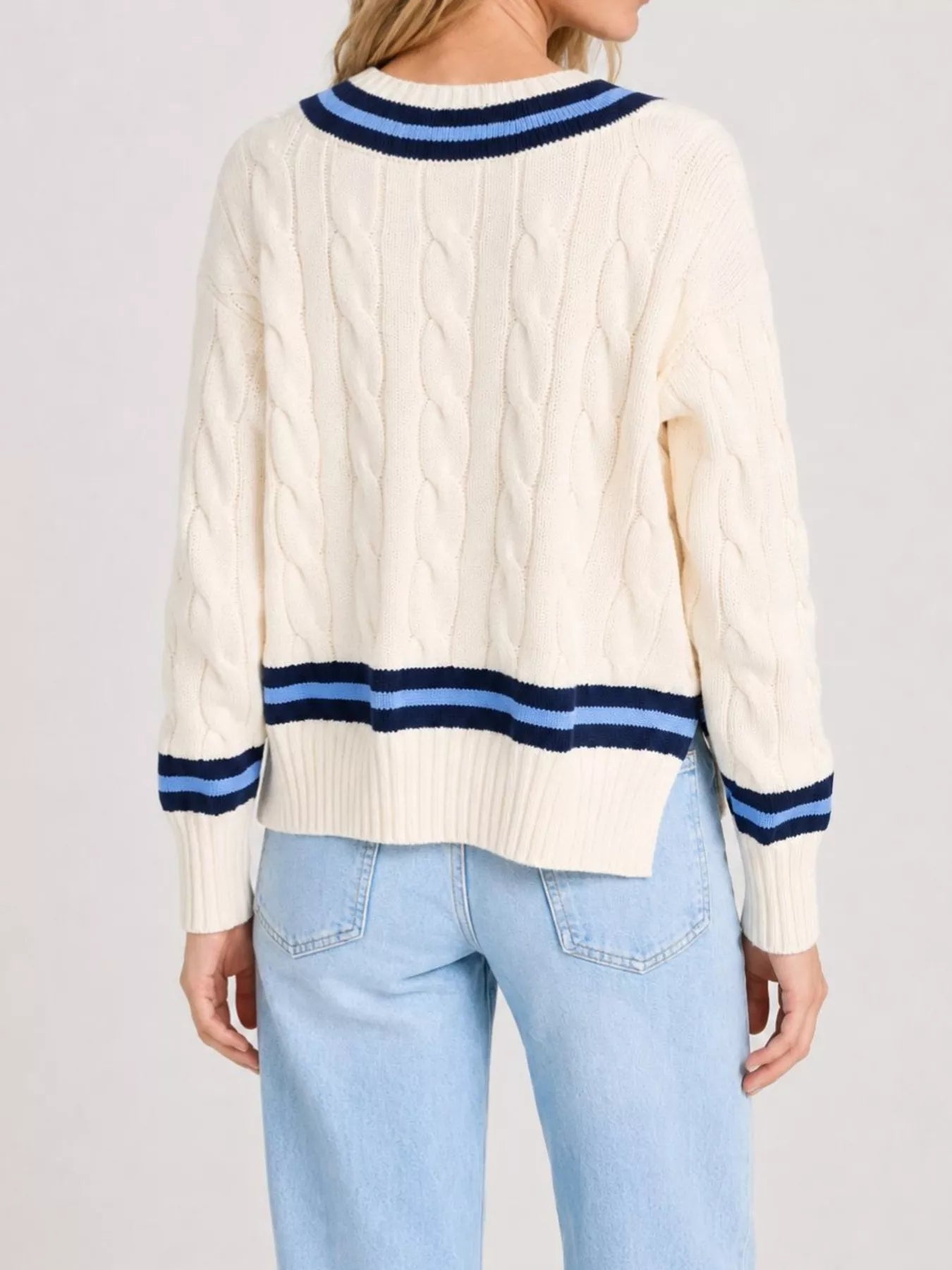 Trendsi V-Neck Cable Knit Sweater with Contrast Striped Trim -