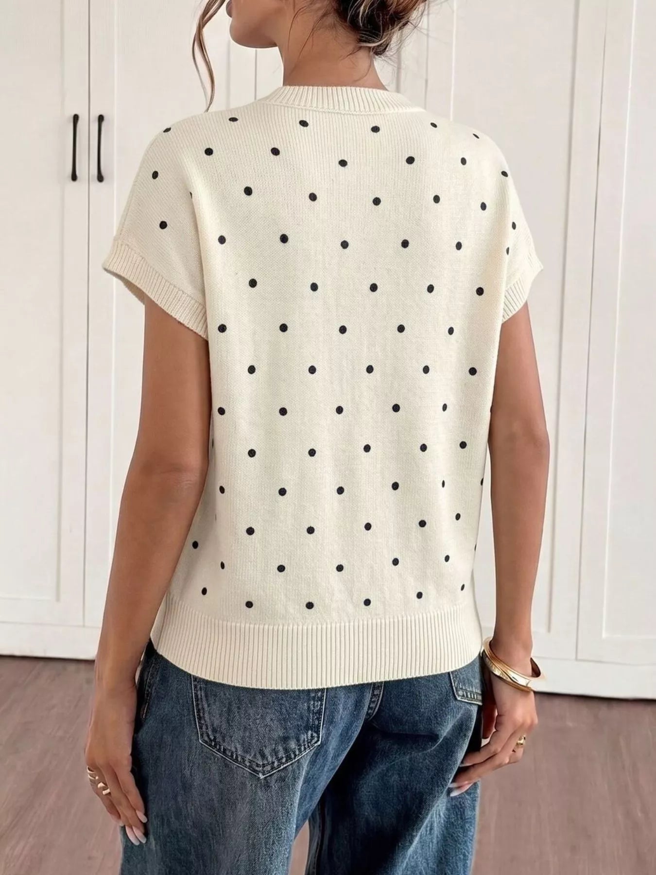 Trendsi Polka Dot Short Sleeve Knit Sweater -