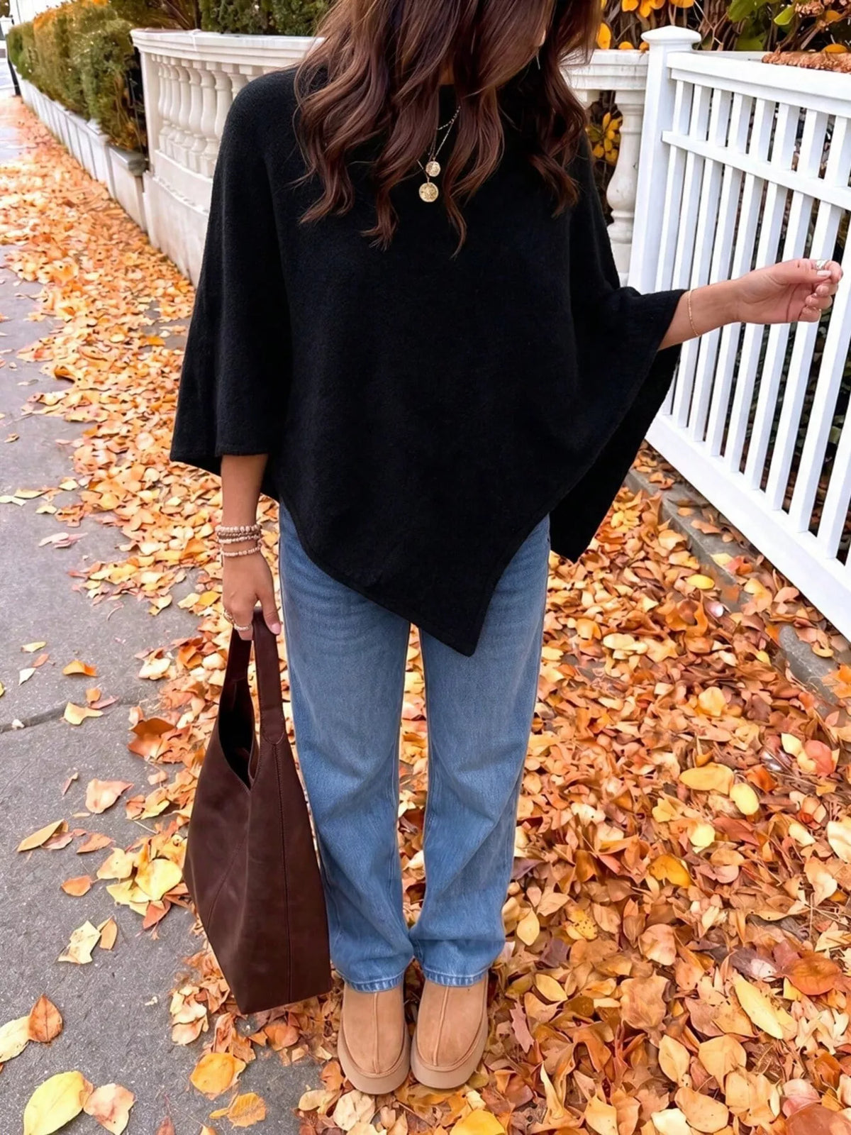 Black Oversized Round Neck Cape Sweater, front view