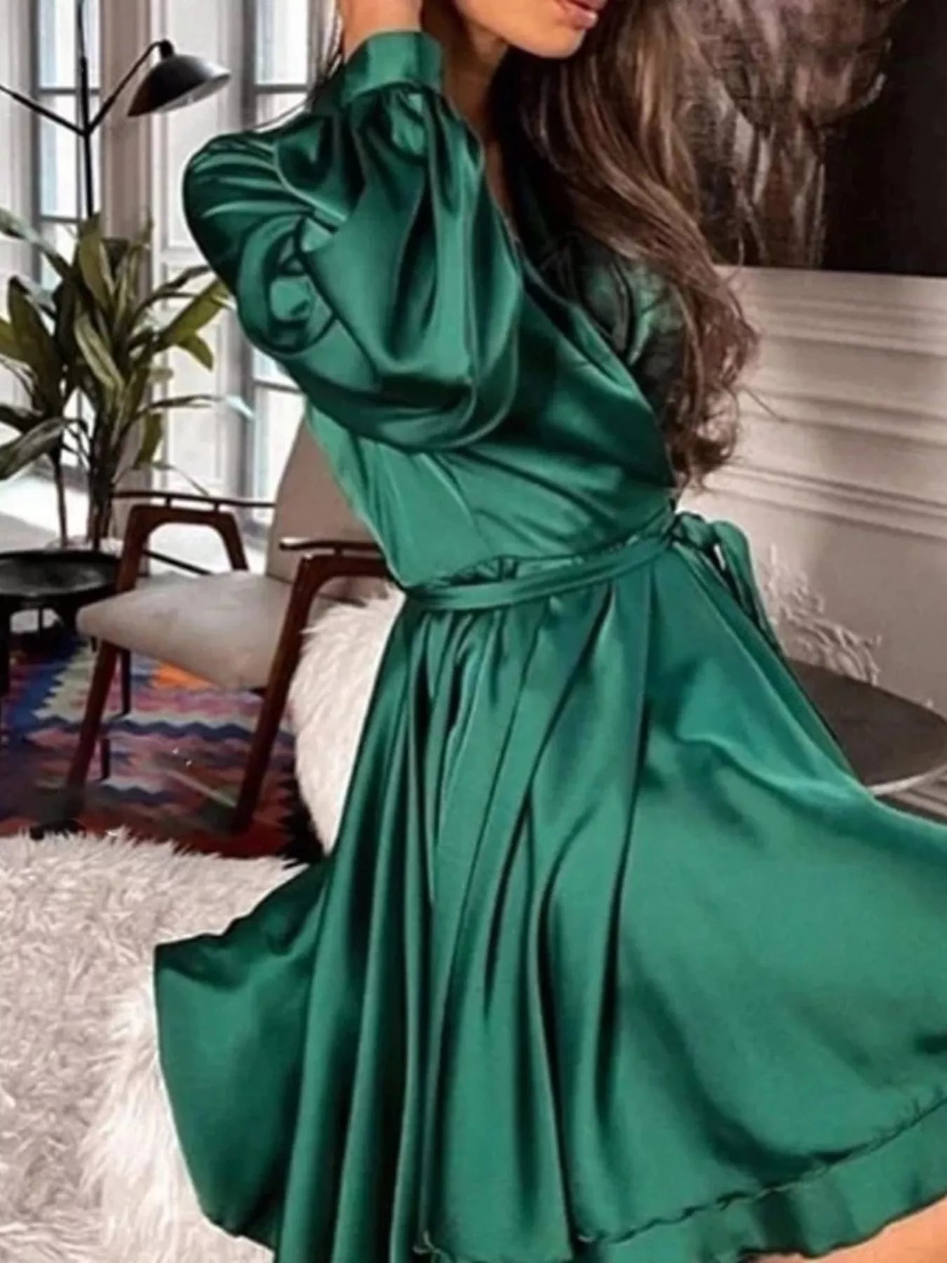 Trendsi Satin Surplice Long Sleeve Mini Dress -
