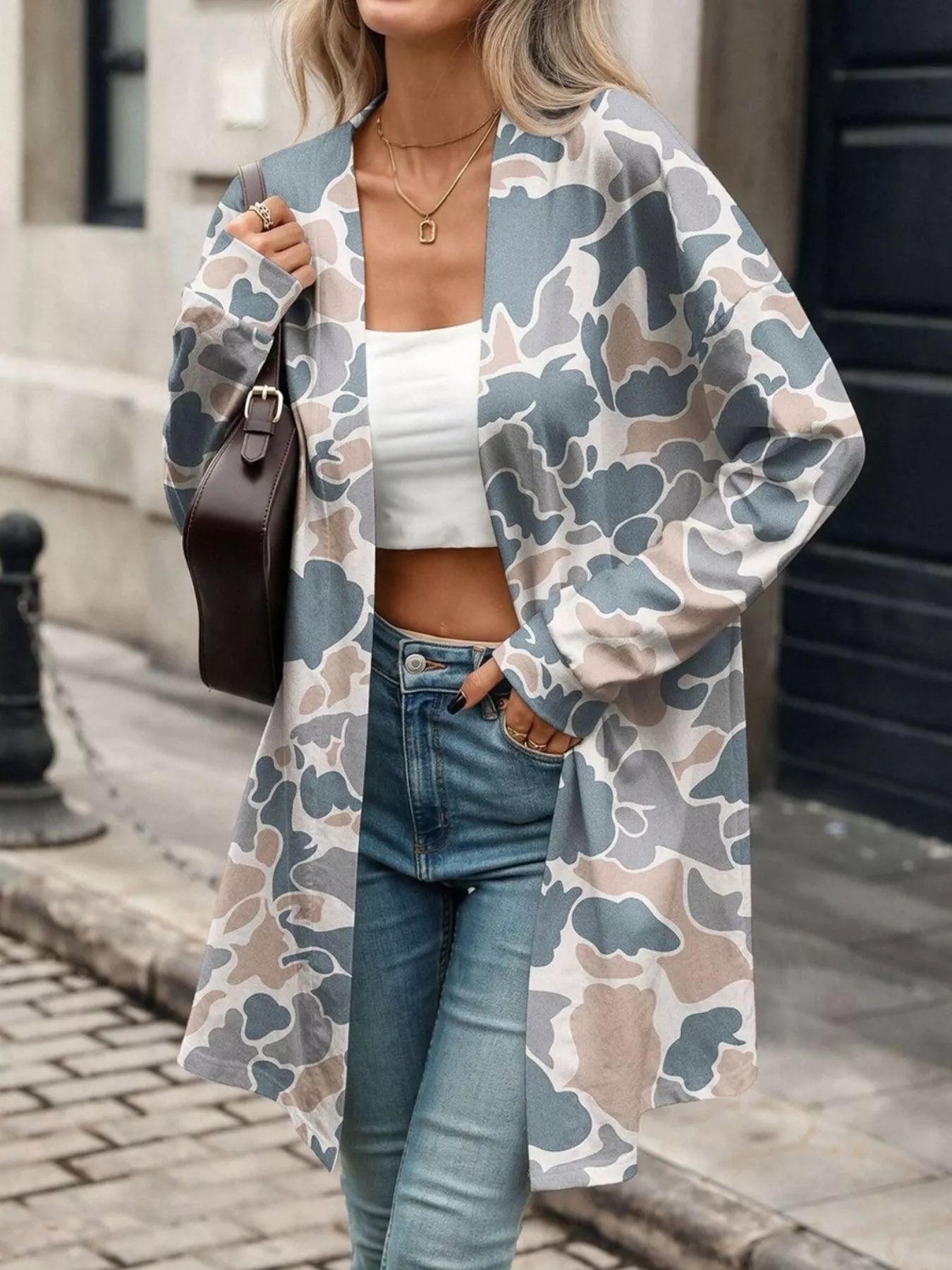 Trendsi Printed Open Front Cardigan -