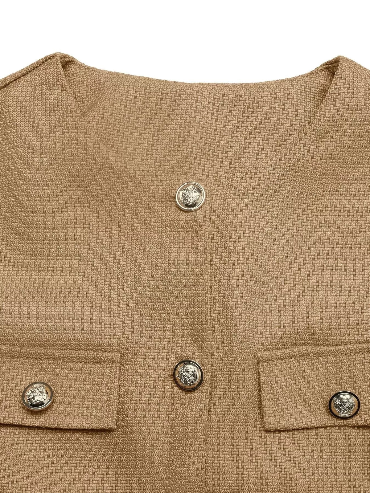 Tan textured cropped jacket with gold-tone buttons, round neckline and front detail