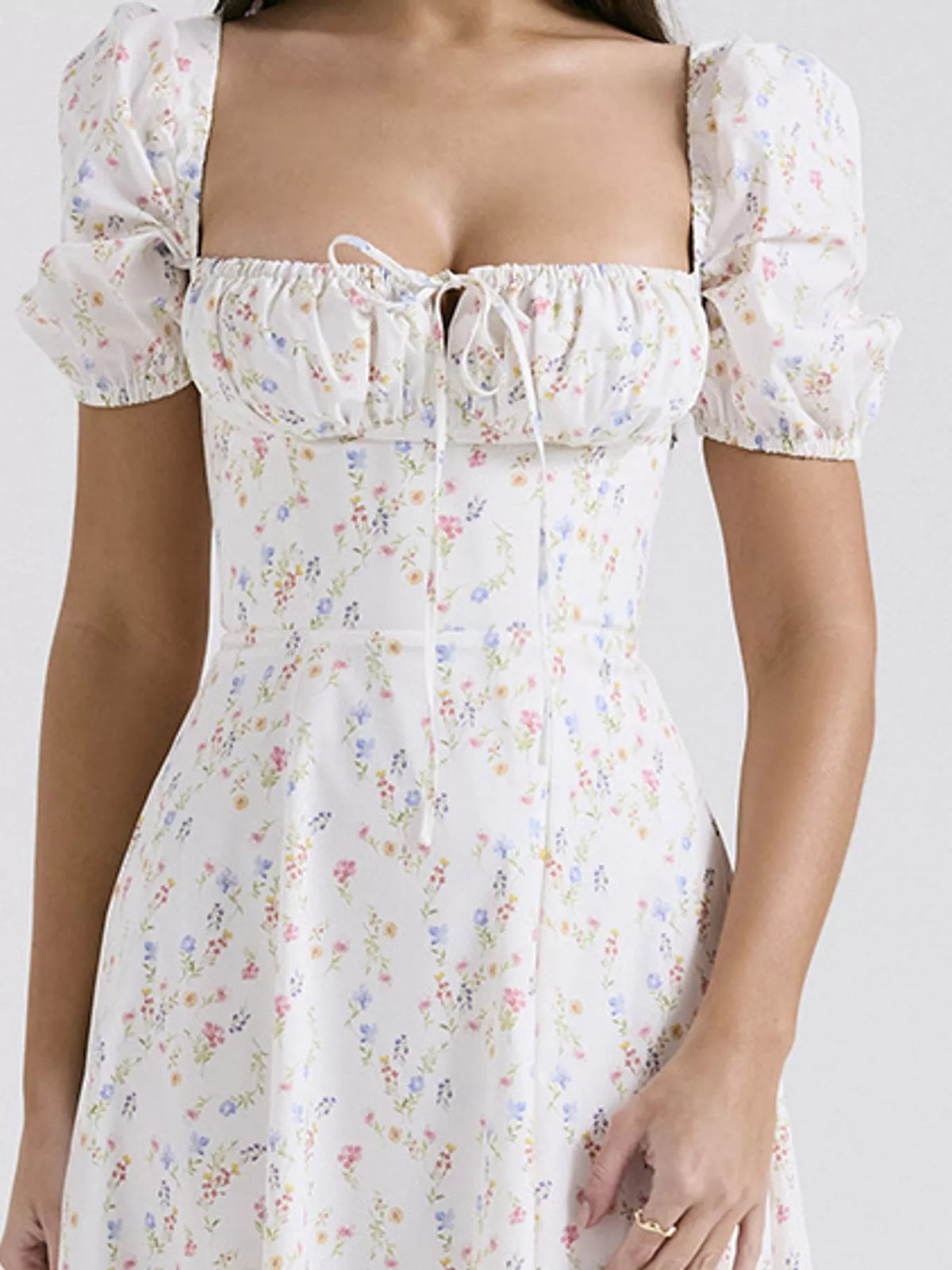 Women's Paneled Bodice Gathered Midi Dress in small floral — neckline detail view